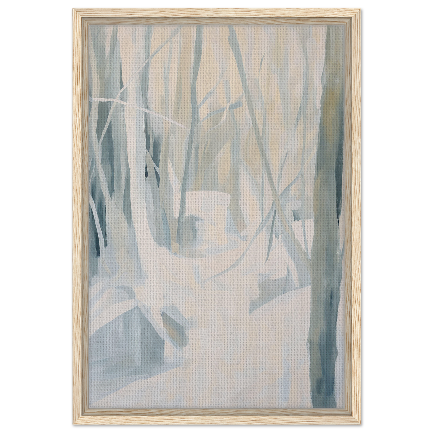 Abstract painting of a misty forest with pale trees, Serene Frost Symphony framed canvas print