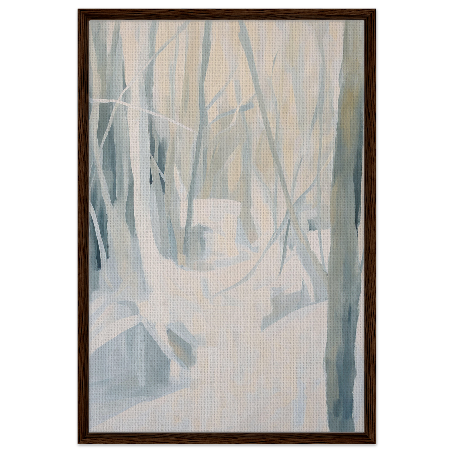Abstract painting of muted vertical shapes in pale blue and white for Serene Frost Symphony room decor
