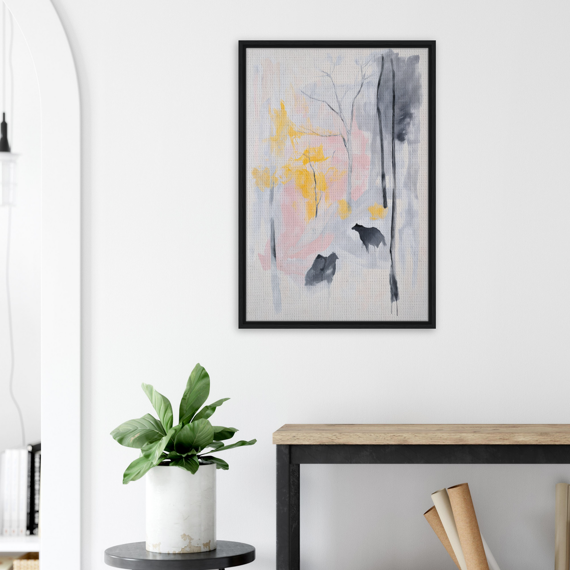 Abstract painting in soft pastels and dark silhouettes for Serenity’s Dream Muttering room decor