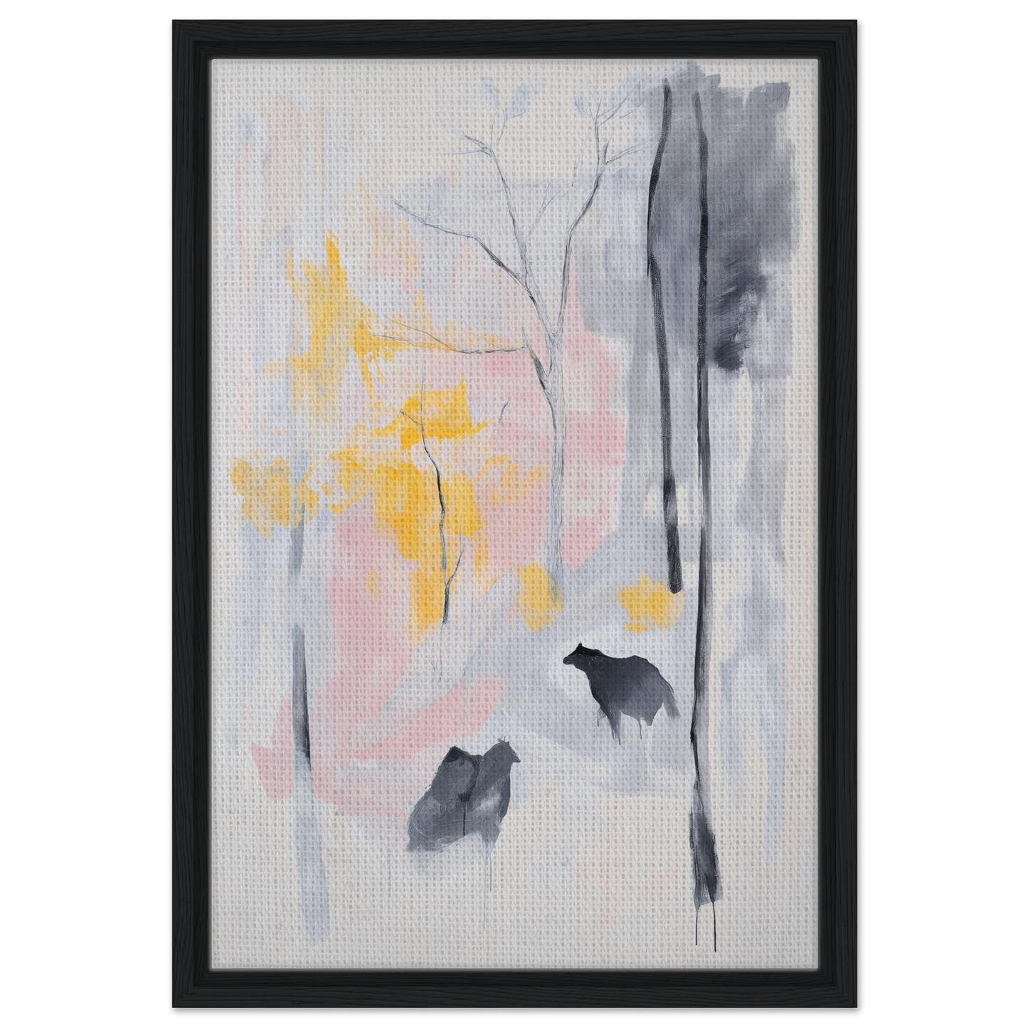 Abstract painting of silhouettes against pastel hues in Serenity’s Dream Muttering