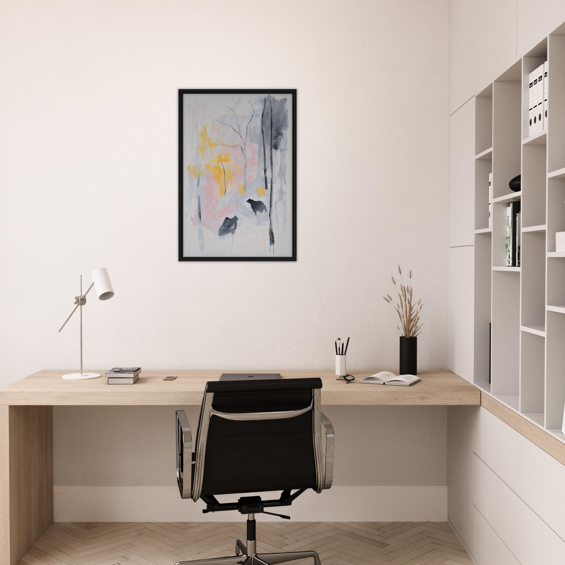 Minimalist wooden desk and black office chair in Serenity’s Dream Muttering room decor