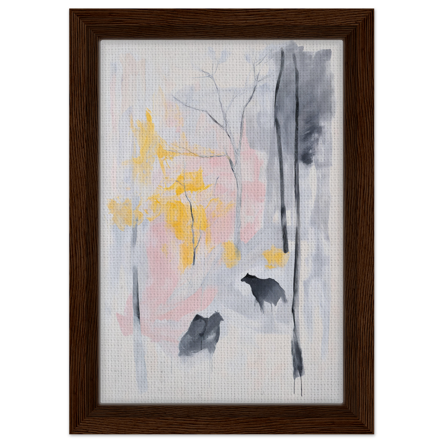 Framed watercolor painting of silhouetted animals in a misty landscape for Serenity’s Dream Muttering room decor