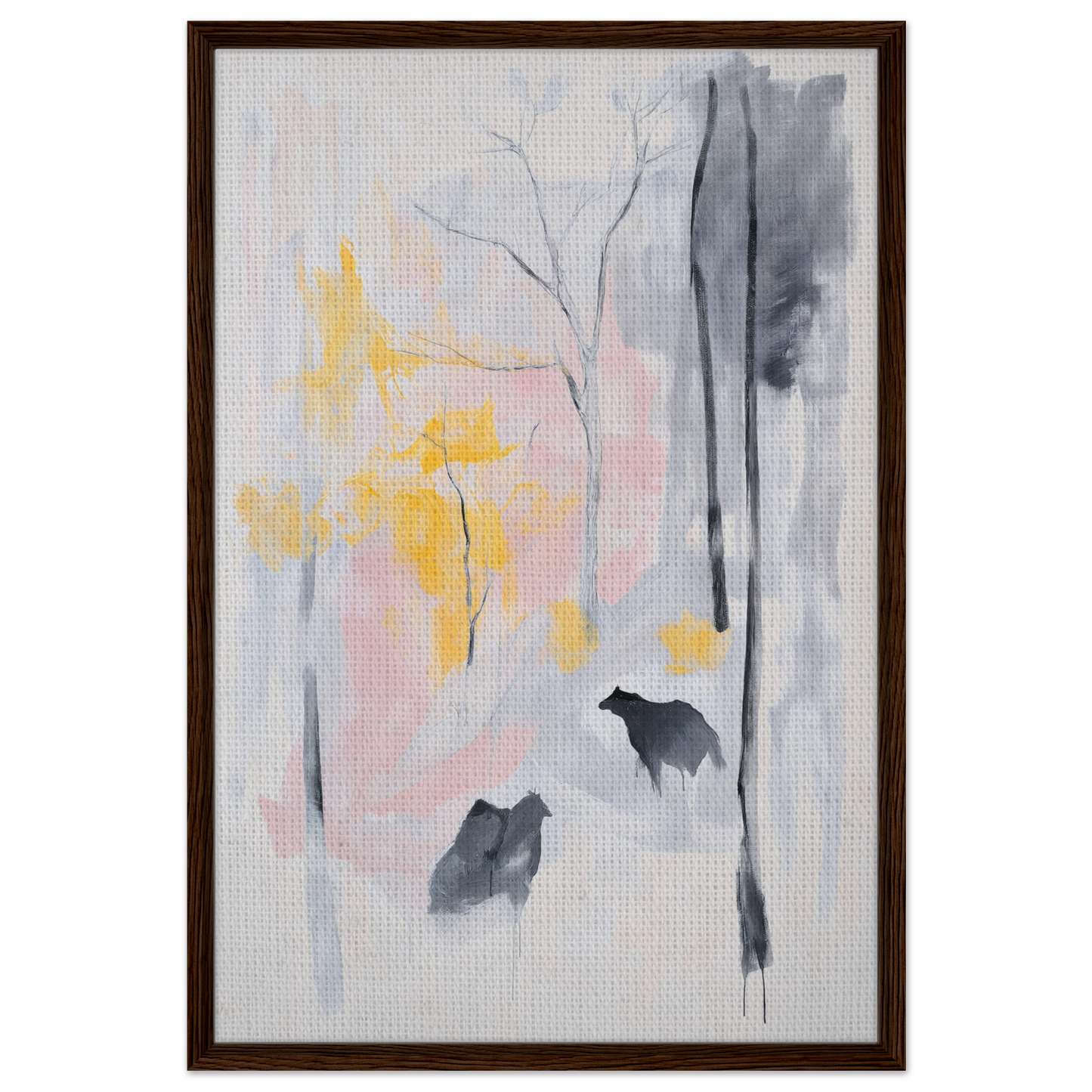 Abstract painting of shadowy animals in a colorful misty forest for Serenity’s Dream Muttering
