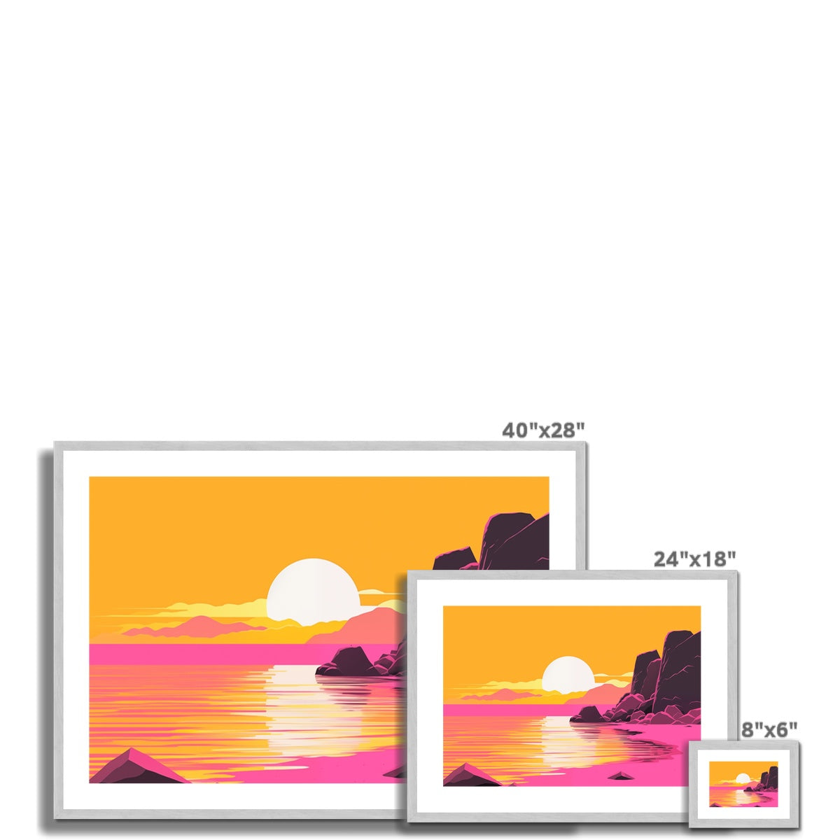 A set of three framed prints with a sunset and a beach scene