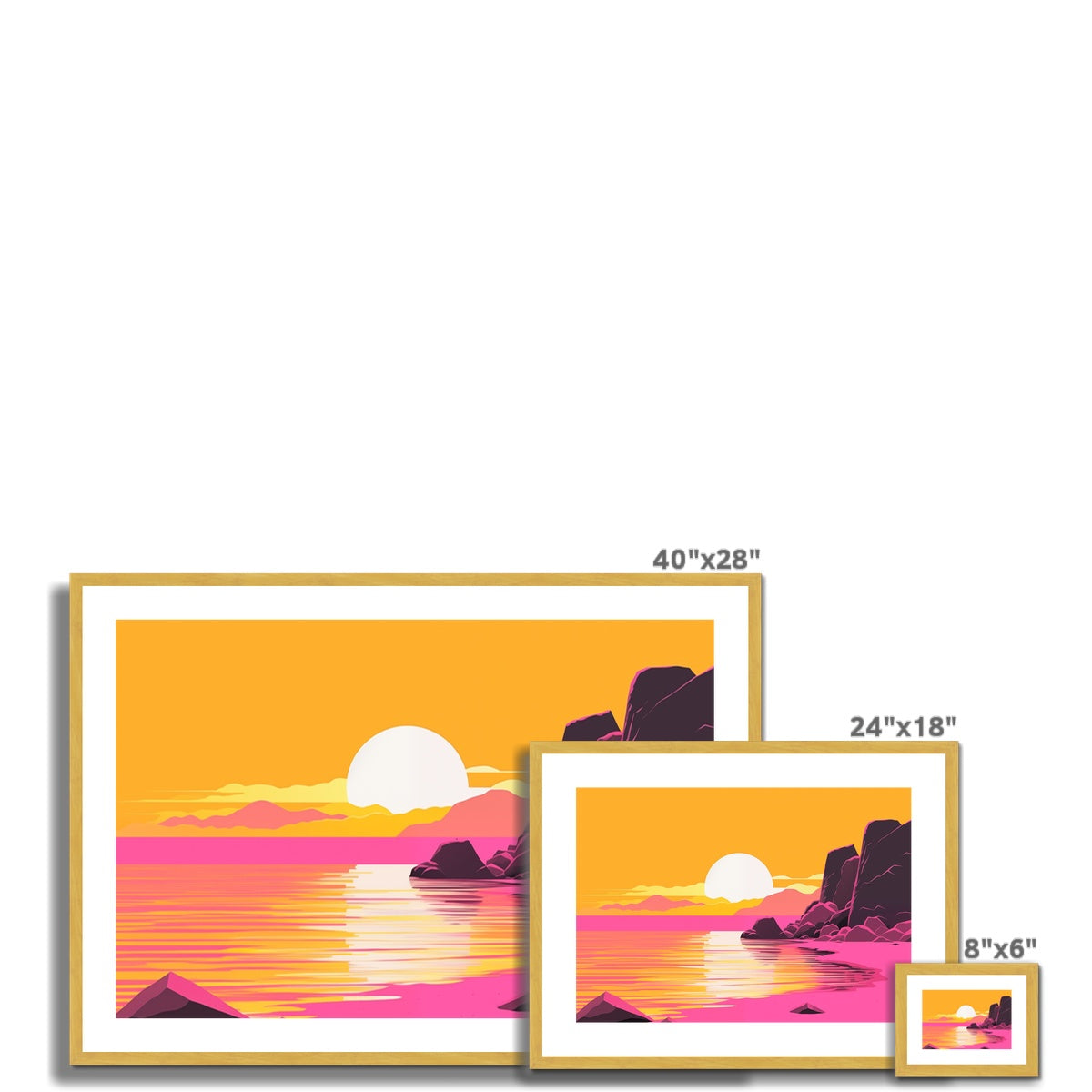 A set of three framed prints with a sunset and a beach scene