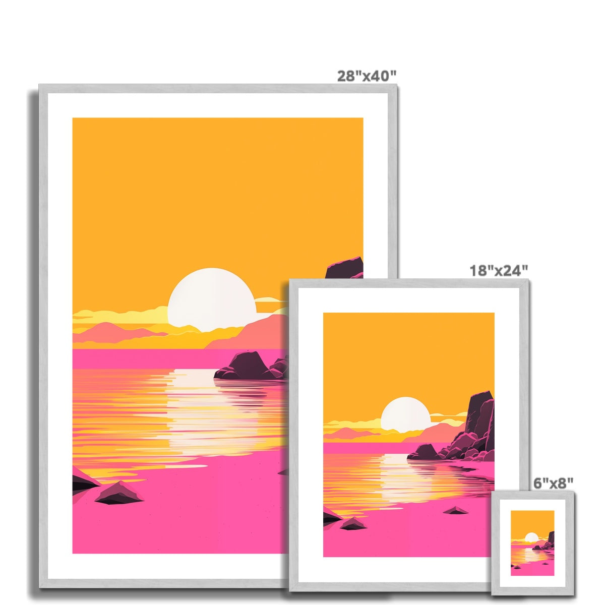 A set of three prints with a sunset and rocks