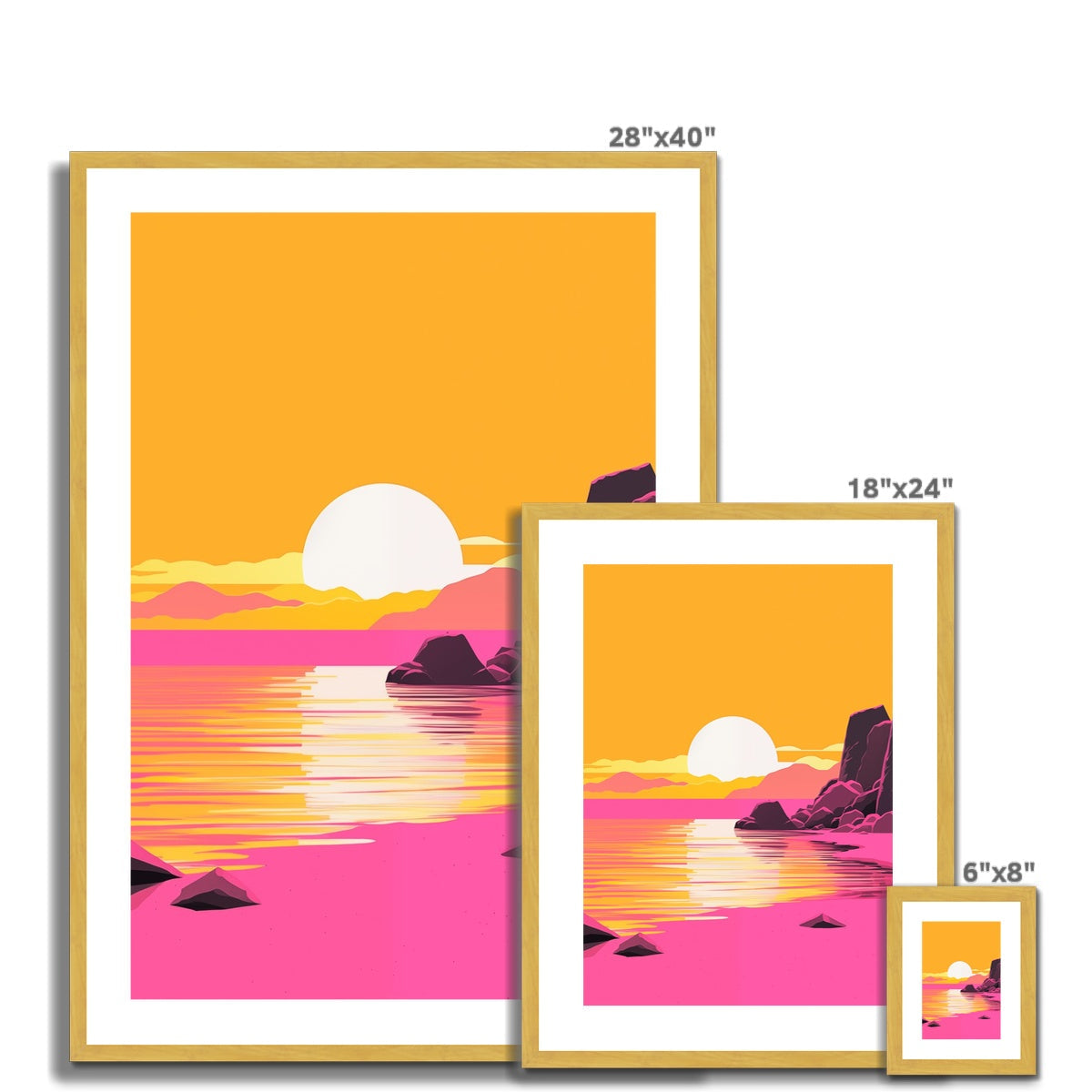 A set of three prints with a sunset and rocks