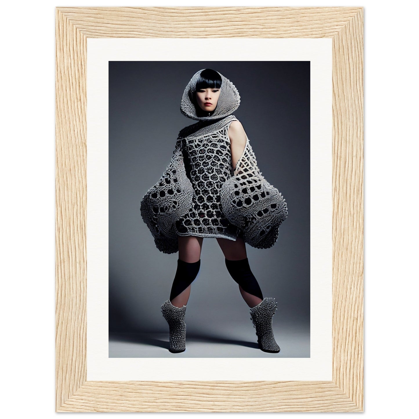 Avant-garde knitted dress with exaggerated voluminous sleeves and a geometric pattern.