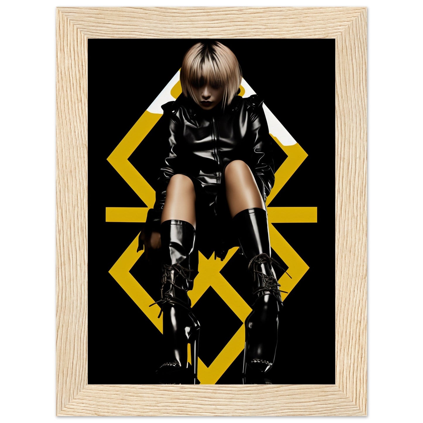 Stylized portrait of a person in black leather clothing and boots against a geometric yellow background.