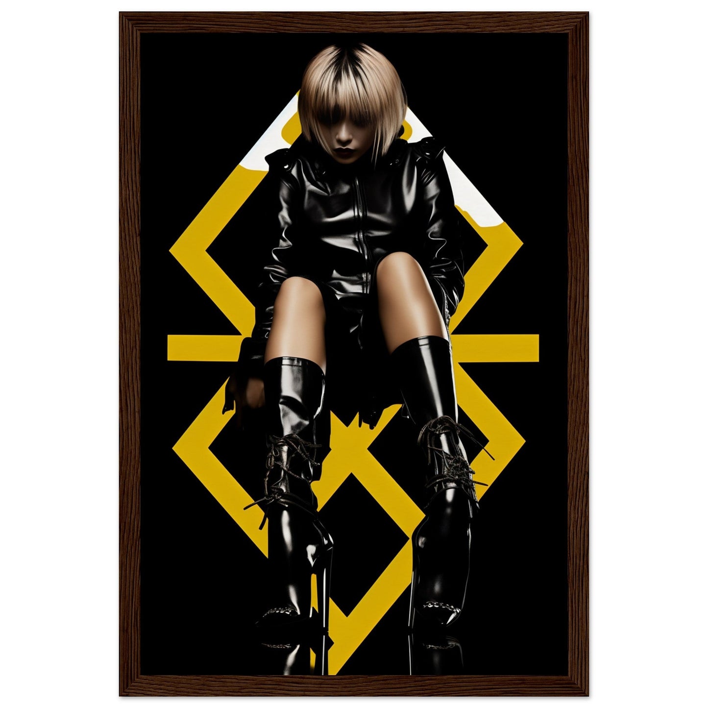 Stylized figure in black leather outfit and boots posed against a geometric yellow design.