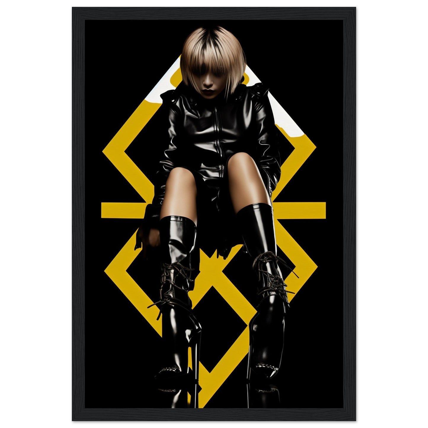Figure in a black leather outfit and thigh-high boots posed against a geometric yellow pattern.