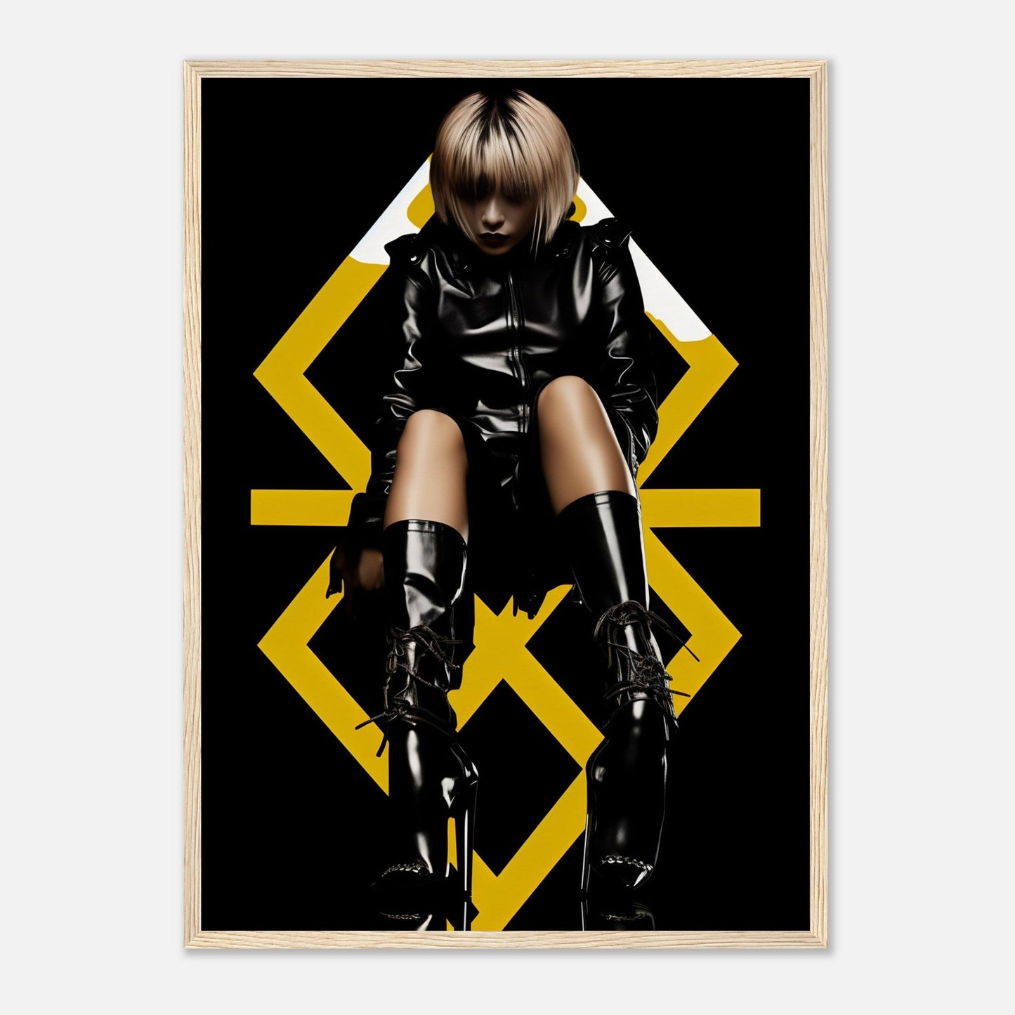 Stylized portrait of a person in black leather clothing and boots against a geometric yellow background.