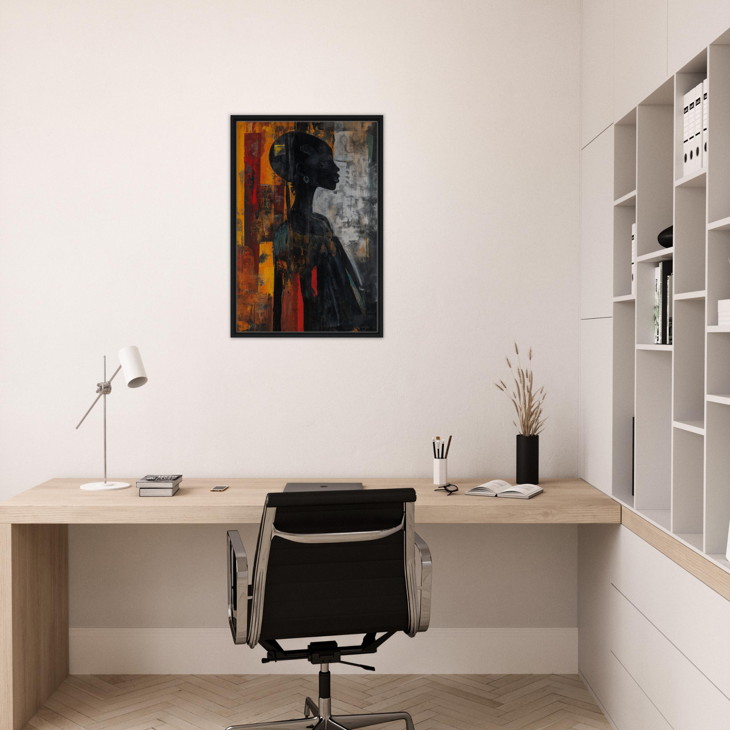 Modern home office featuring Silhouette’s Fiery Allegory framed canvas print