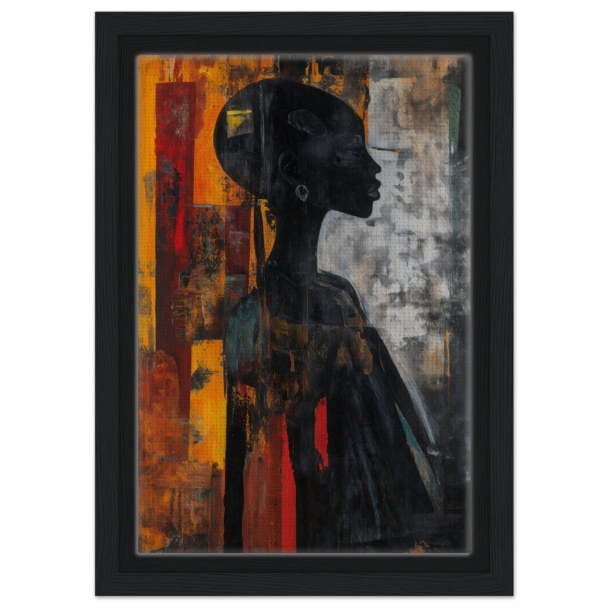 Silhouette profile of a person against a colorful background in Silhouette’s Fiery Allegory