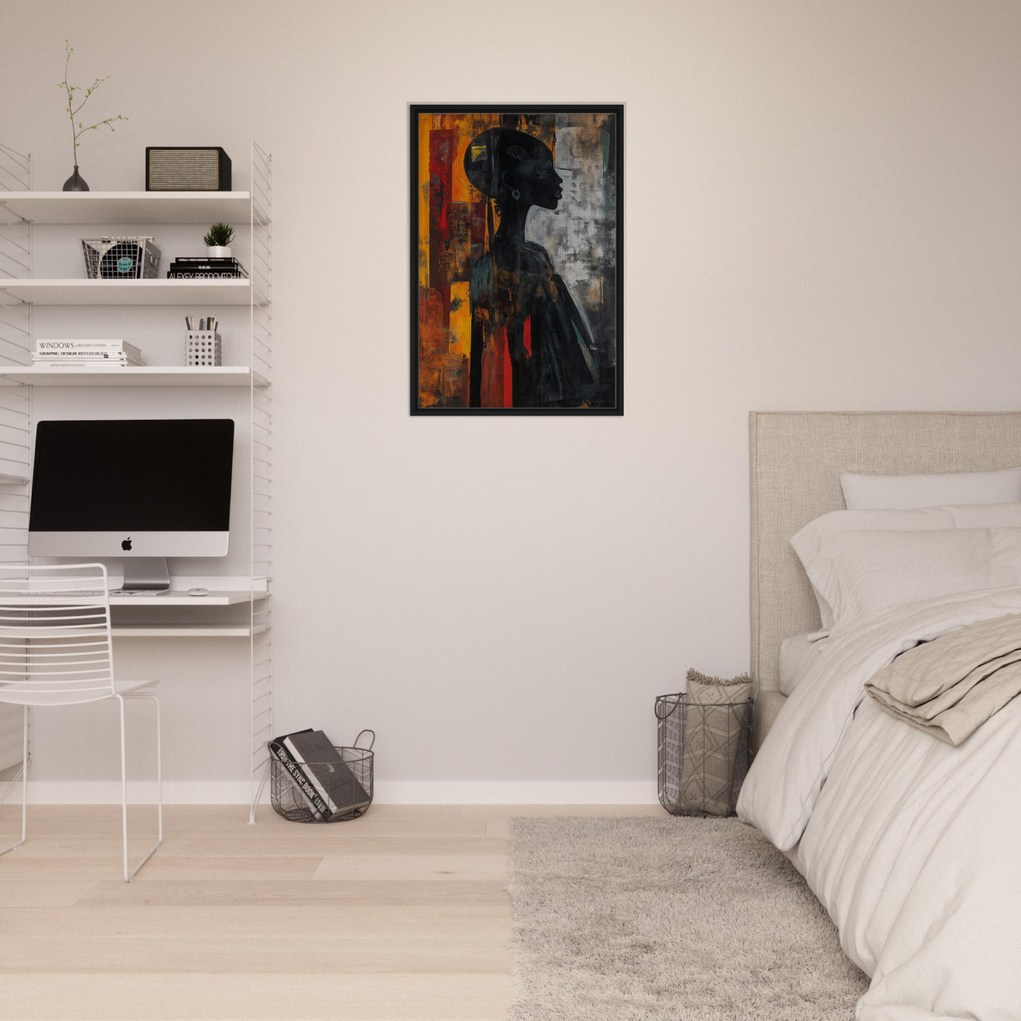 Abstract painting of a silhouetted figure in vibrant hues, Silhouette’s Fiery Allegory, framed canvas print