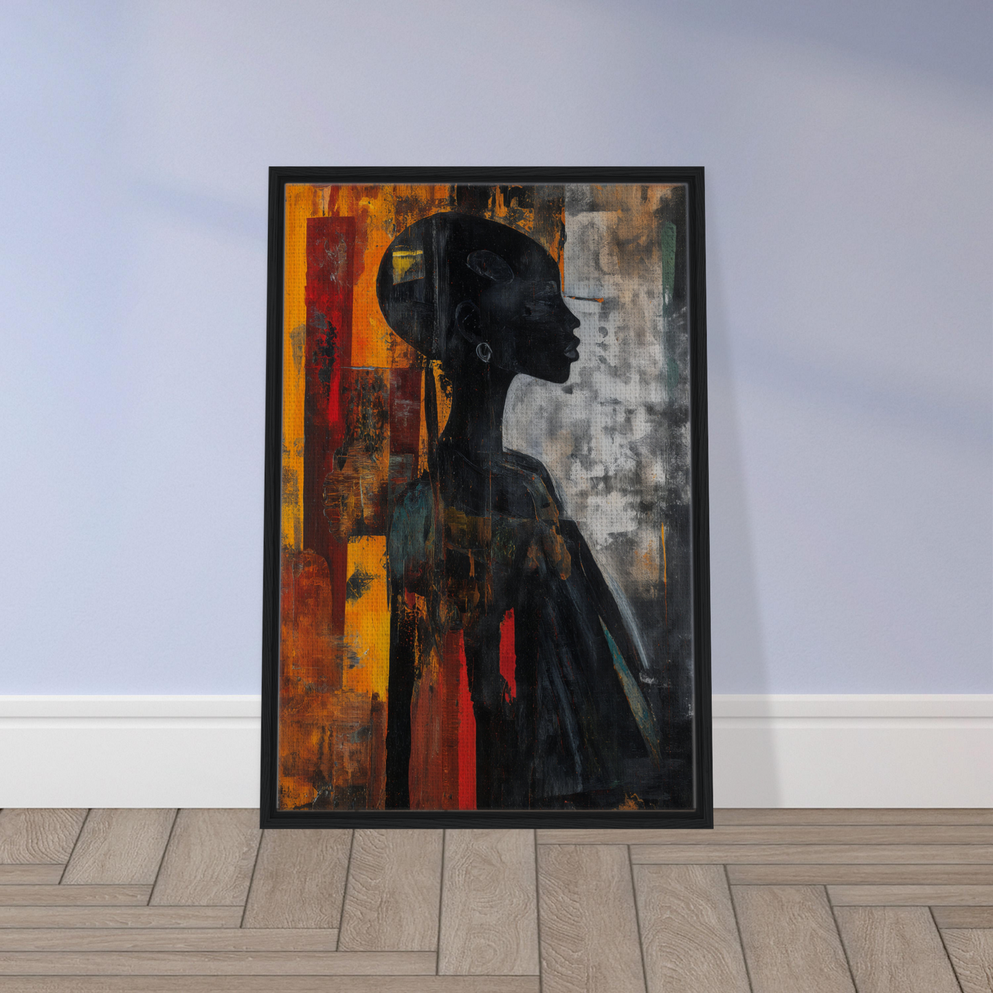 Framed abstract painting of silhouette’s fiery allegory for stylish room decor