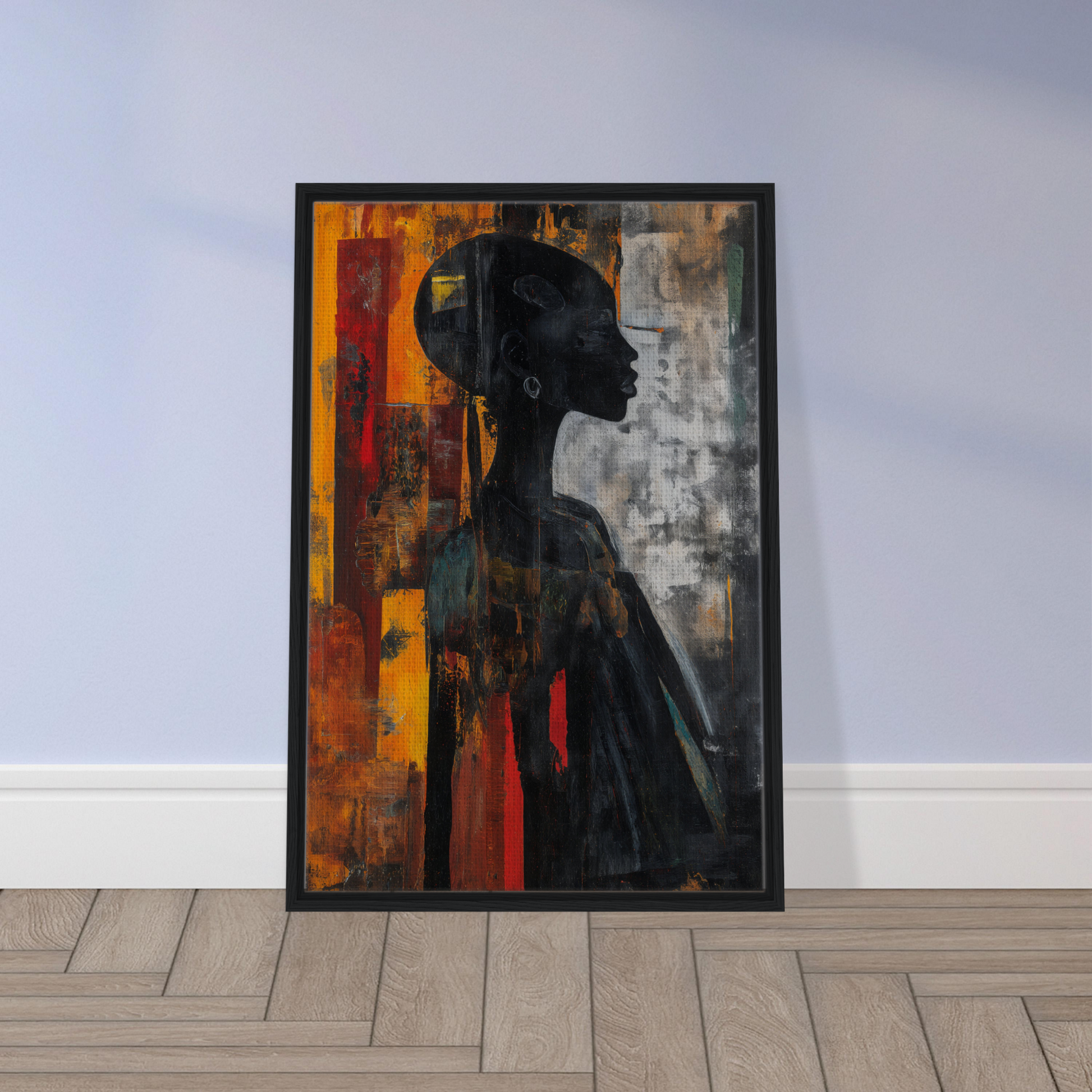 Framed abstract painting of silhouette’s fiery allegory for stylish room decor