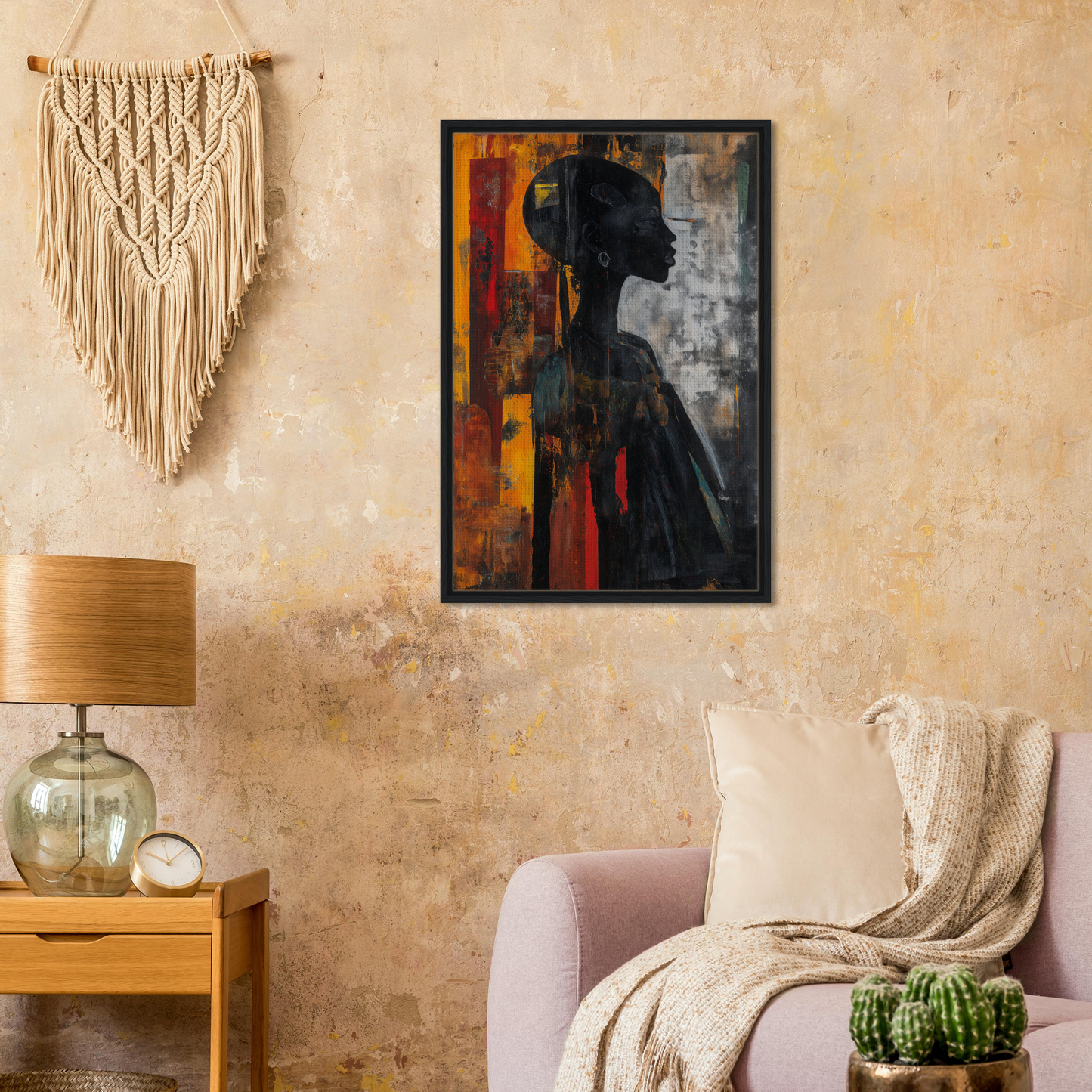 Framed abstract painting silhouette’s fiery allegory, perfect for stylish room decor
