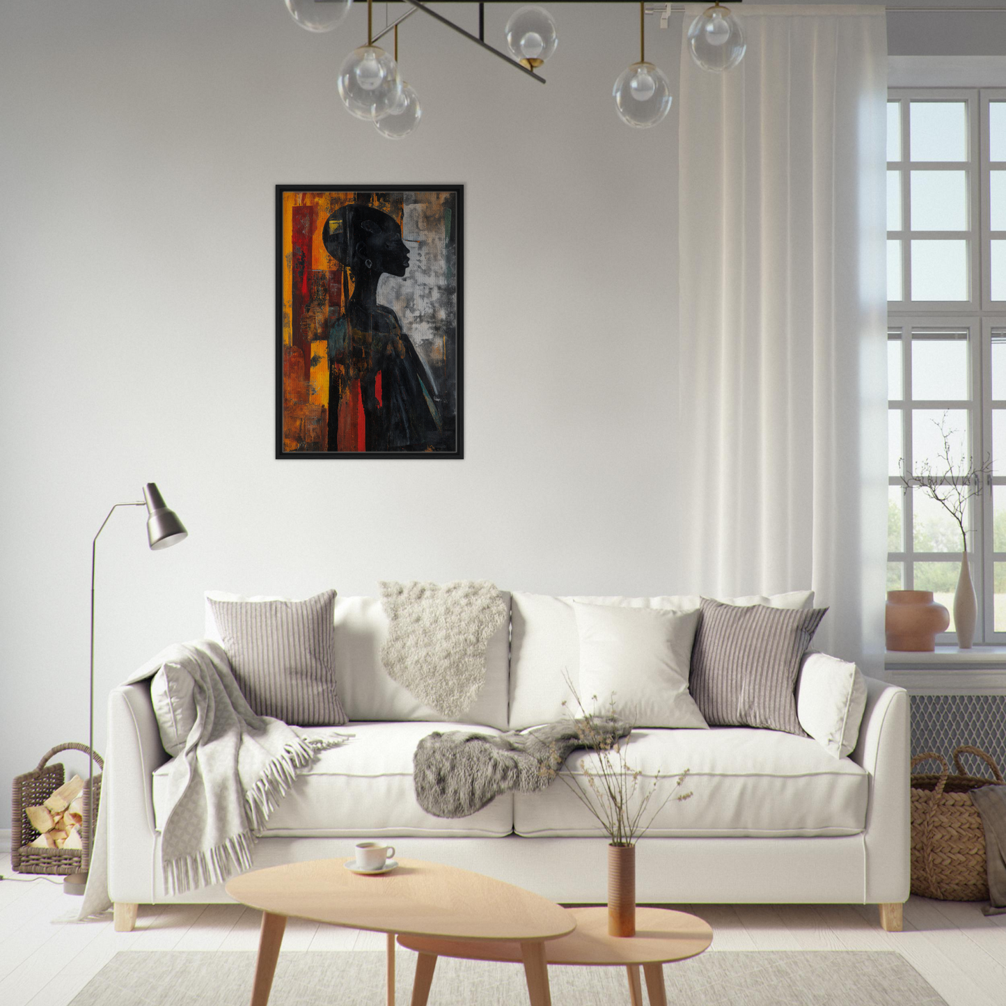 White sofa with throw pillows and blankets from Silhouette’s Fiery Allegory room decor