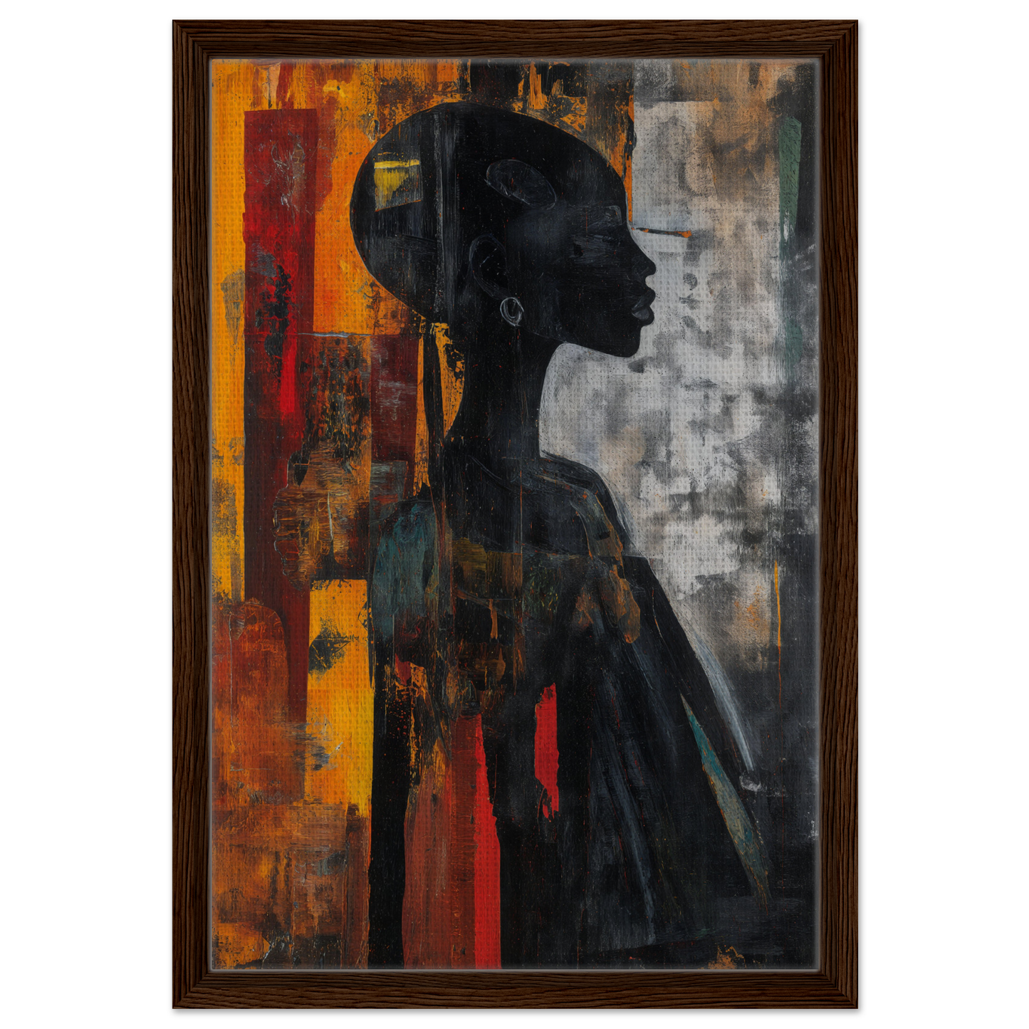 Silhouette of a person’s profile in Silhouette’s Fiery Allegory framed canvas print