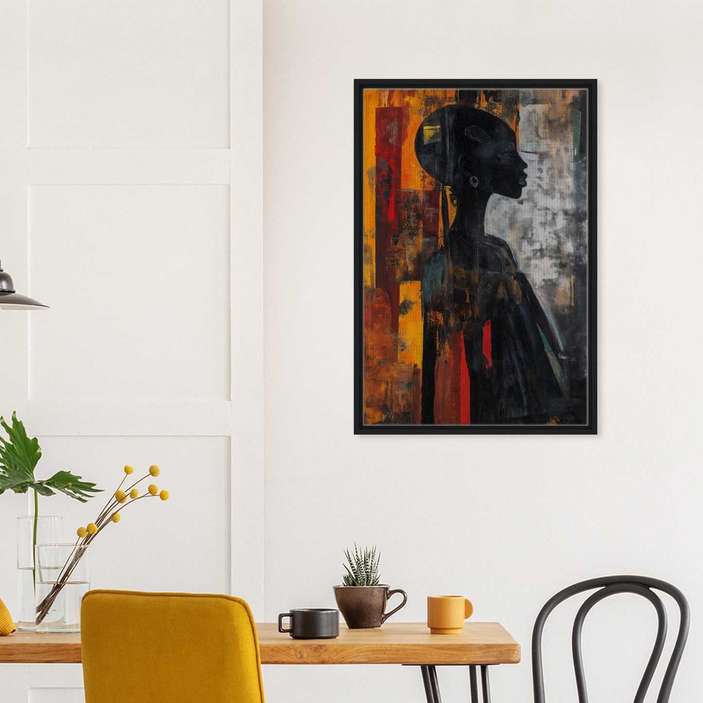 Abstract painting of silhouette’s fiery allegory against vibrant textured background for room decor