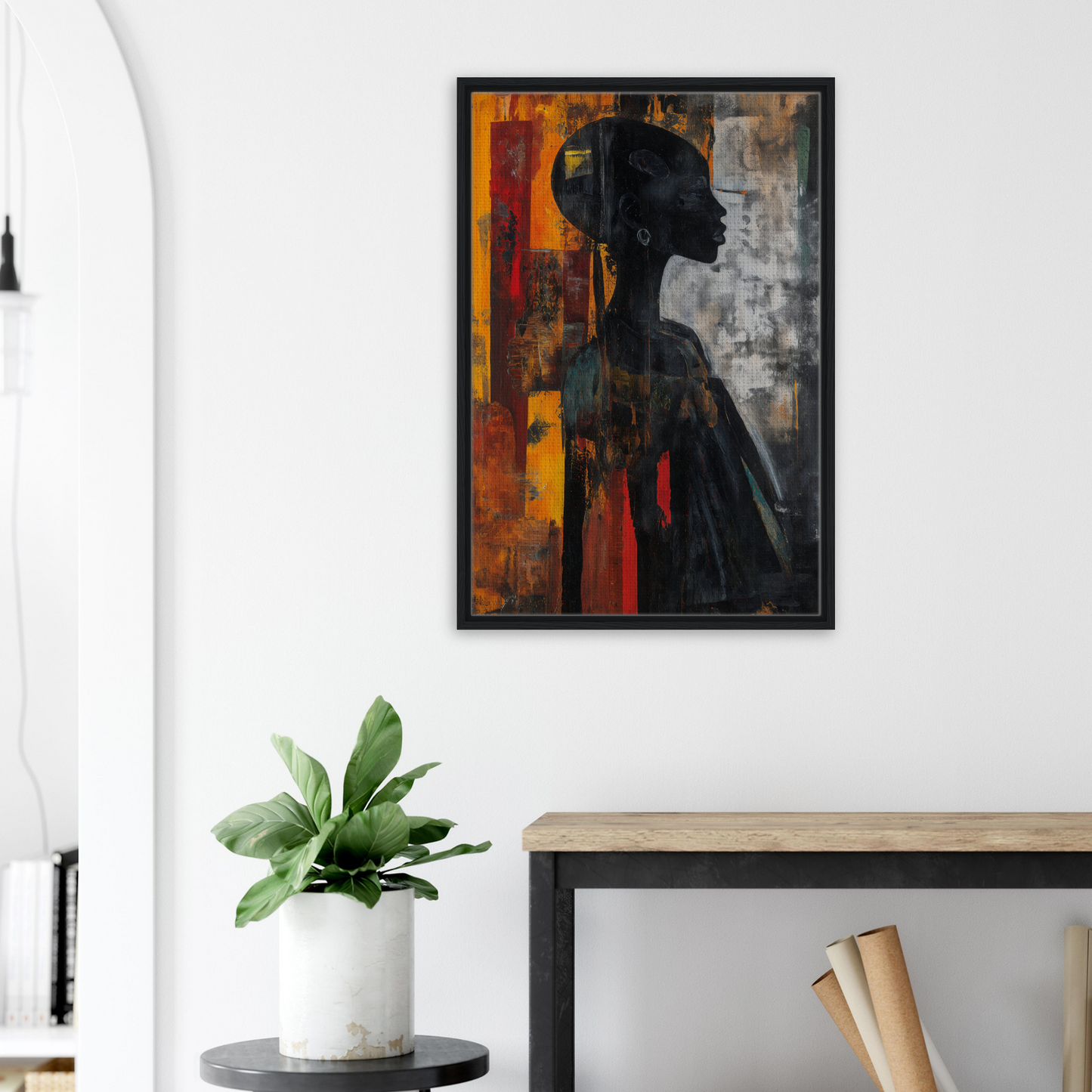 Abstract painting of a silhouetted figure on vibrant background in Silhouette’s Fiery Allegory