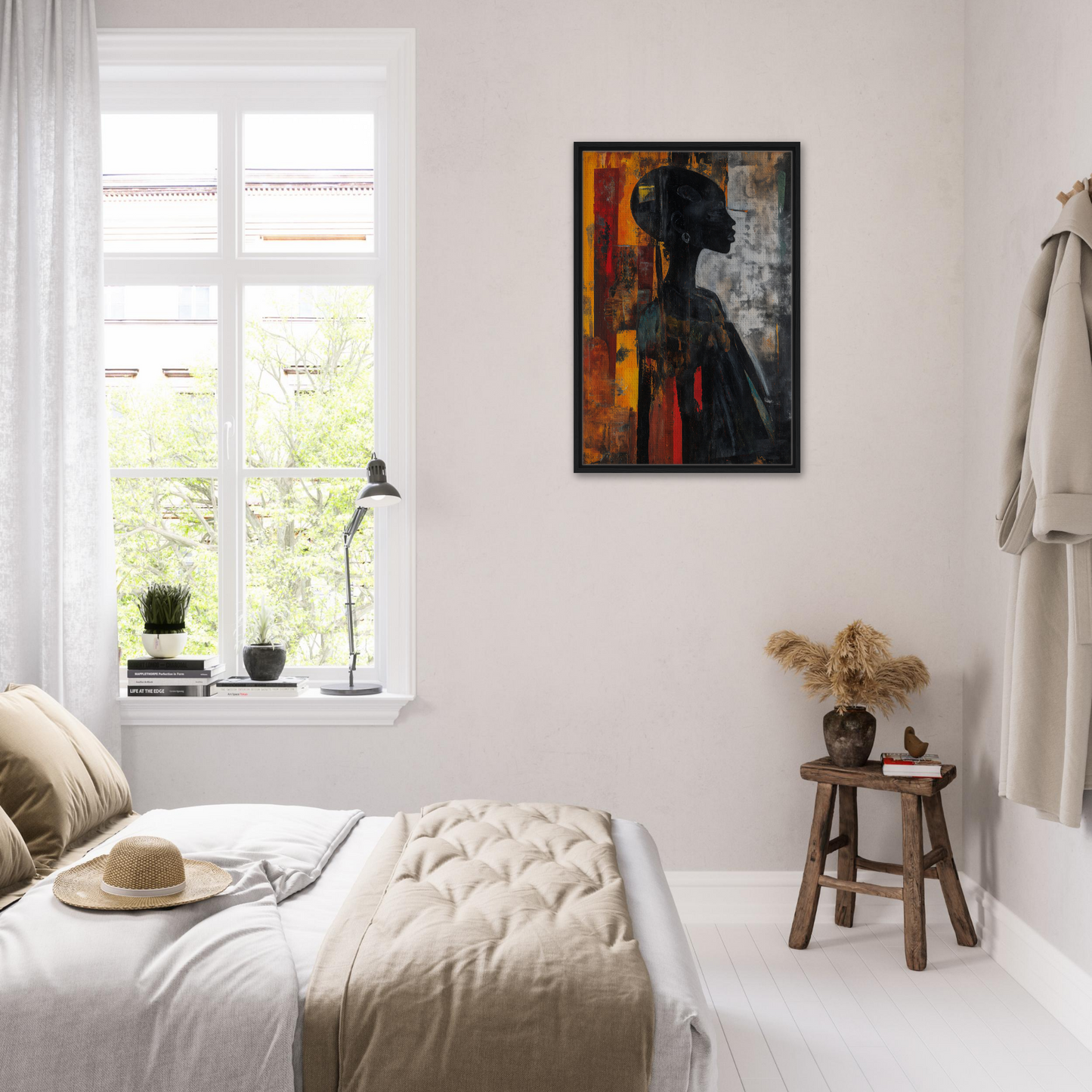 Bright, airy bedroom featuring white decor and Silhouette’s Fiery Allegory framed canvas print