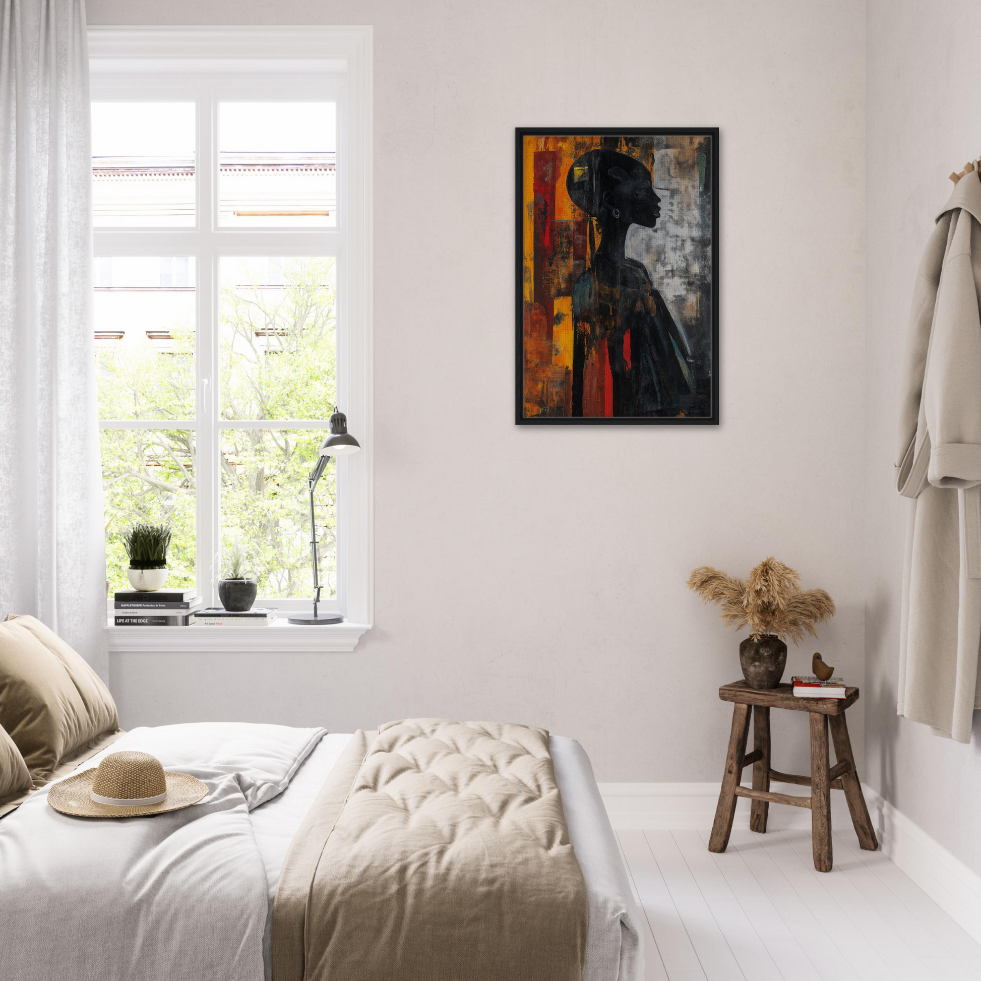 Bright, airy bedroom featuring white decor and Silhouette’s Fiery Allegory framed canvas print