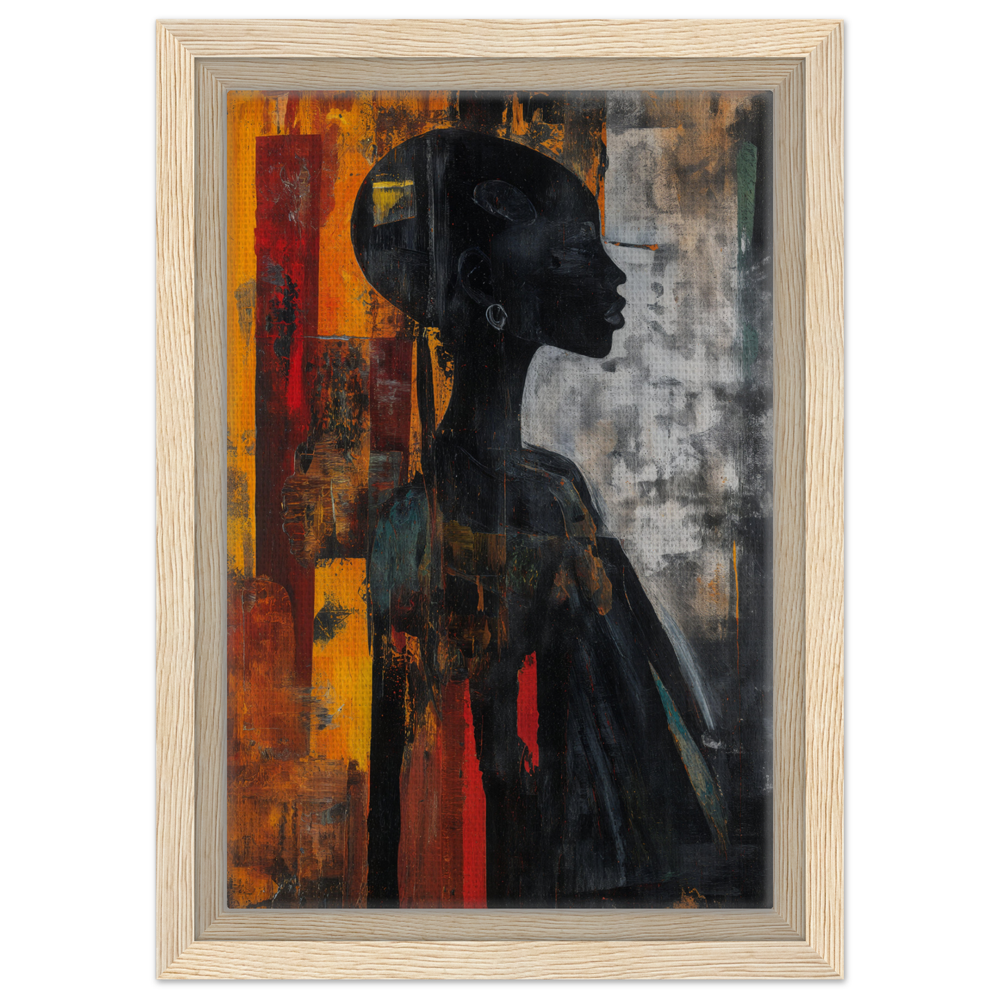 Silhouette profile against a vibrant background in Silhouette’s Fiery Allegory framed canvas print
