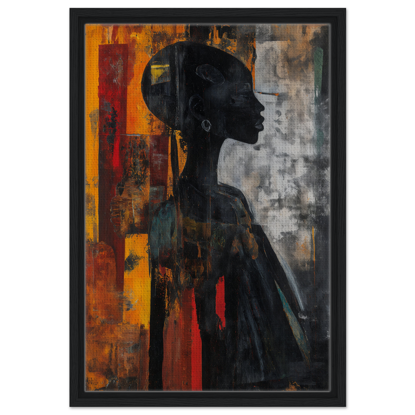 Silhouette’s Fiery Allegory framed canvas print with vibrant abstract background
