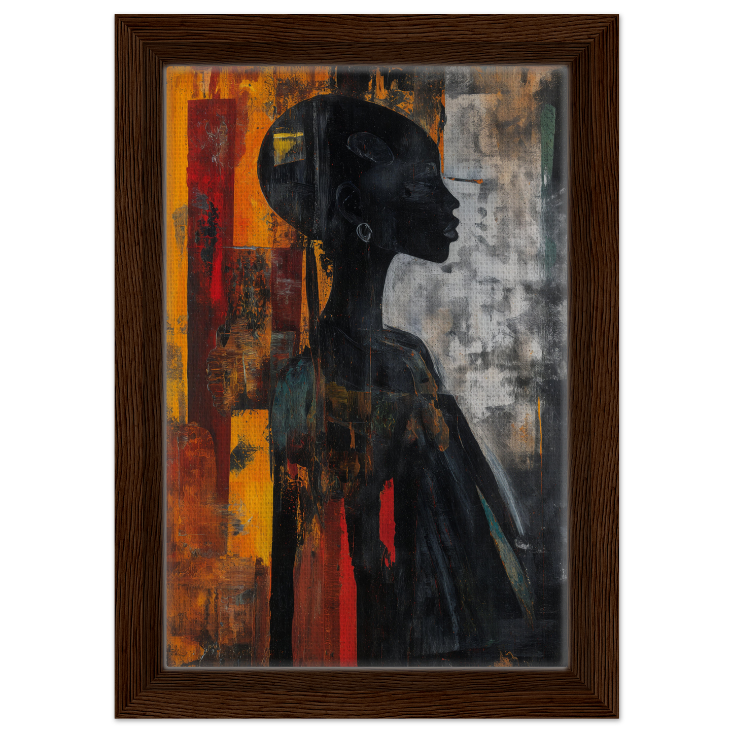Silhouette of a person against a colorful backdrop in Silhouette’s Fiery Allegory framed canvas print