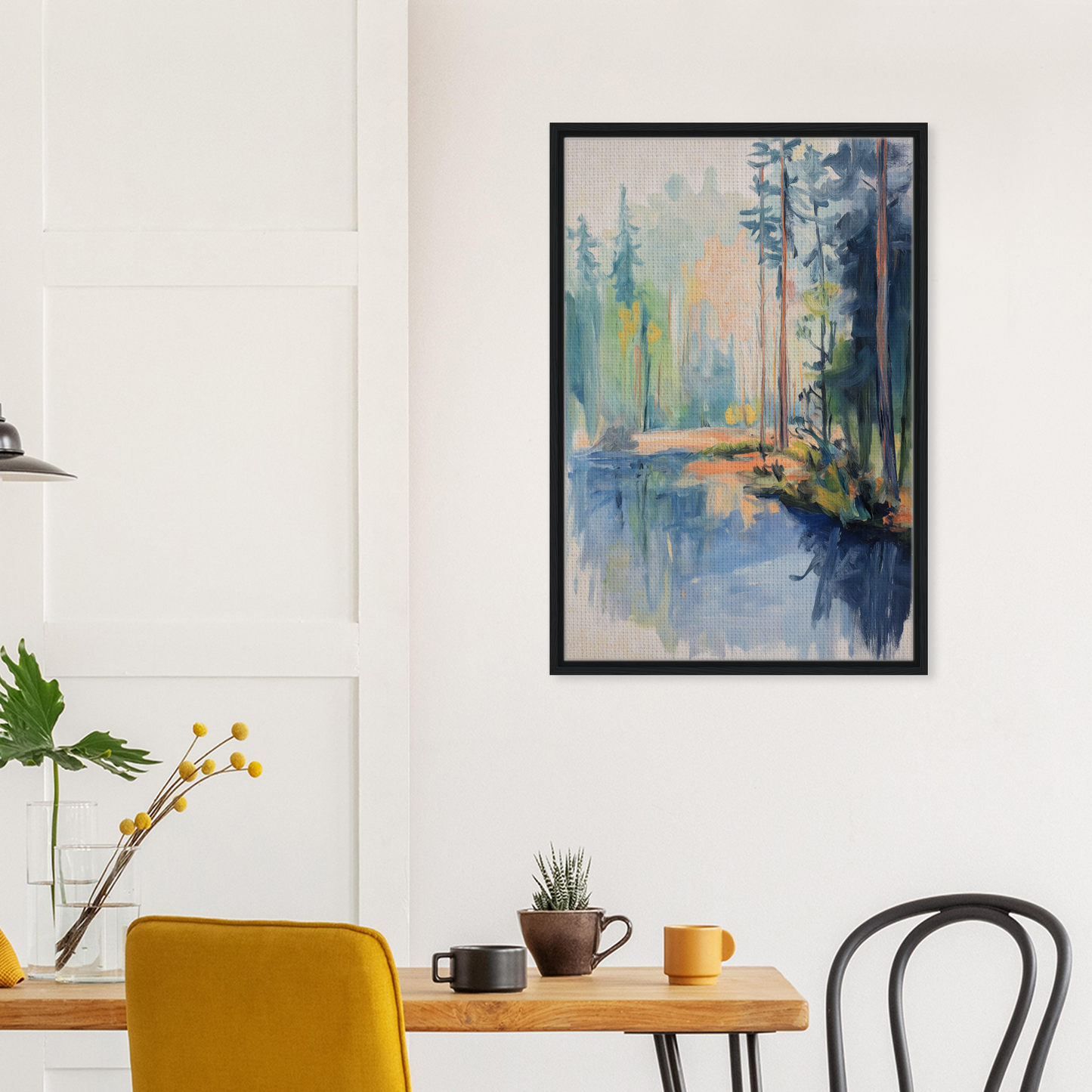 Framed canvas art of a misty forest and water, Skyward Whispered Serenade