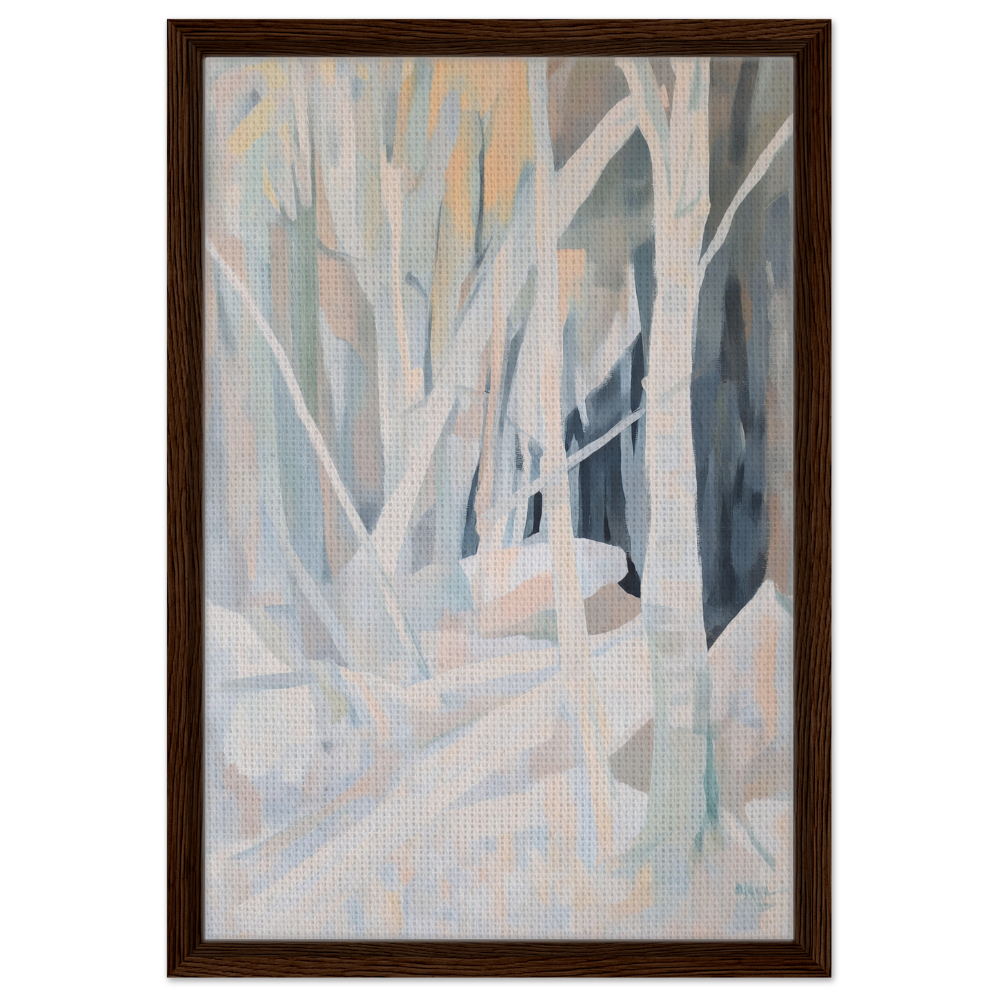 Abstract painting of stylized tree forms in muted pastels, Snow’s Silent Sonata framed canvas print