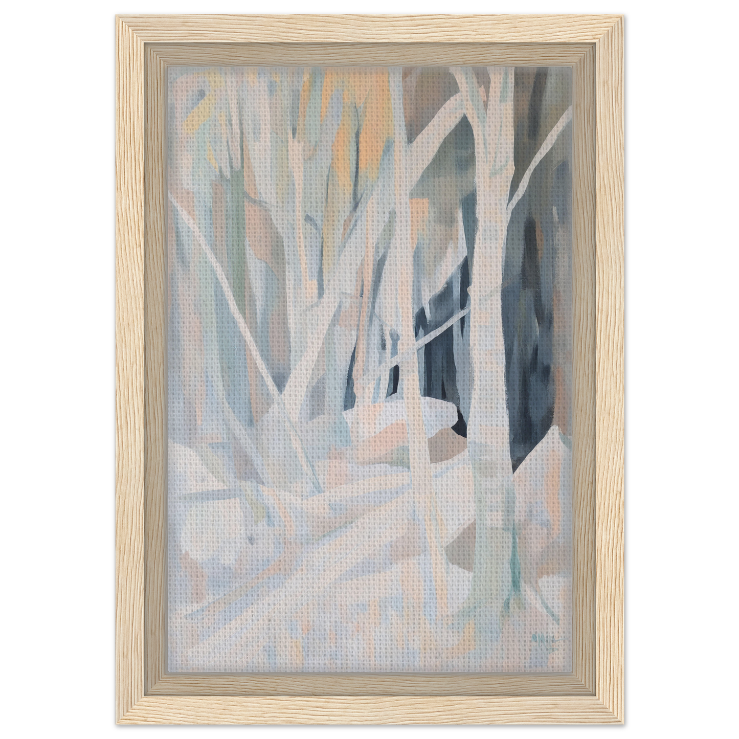 Abstract painting of tree-like forms in muted pastels, Snow’s Silent Sonata framed canvas print