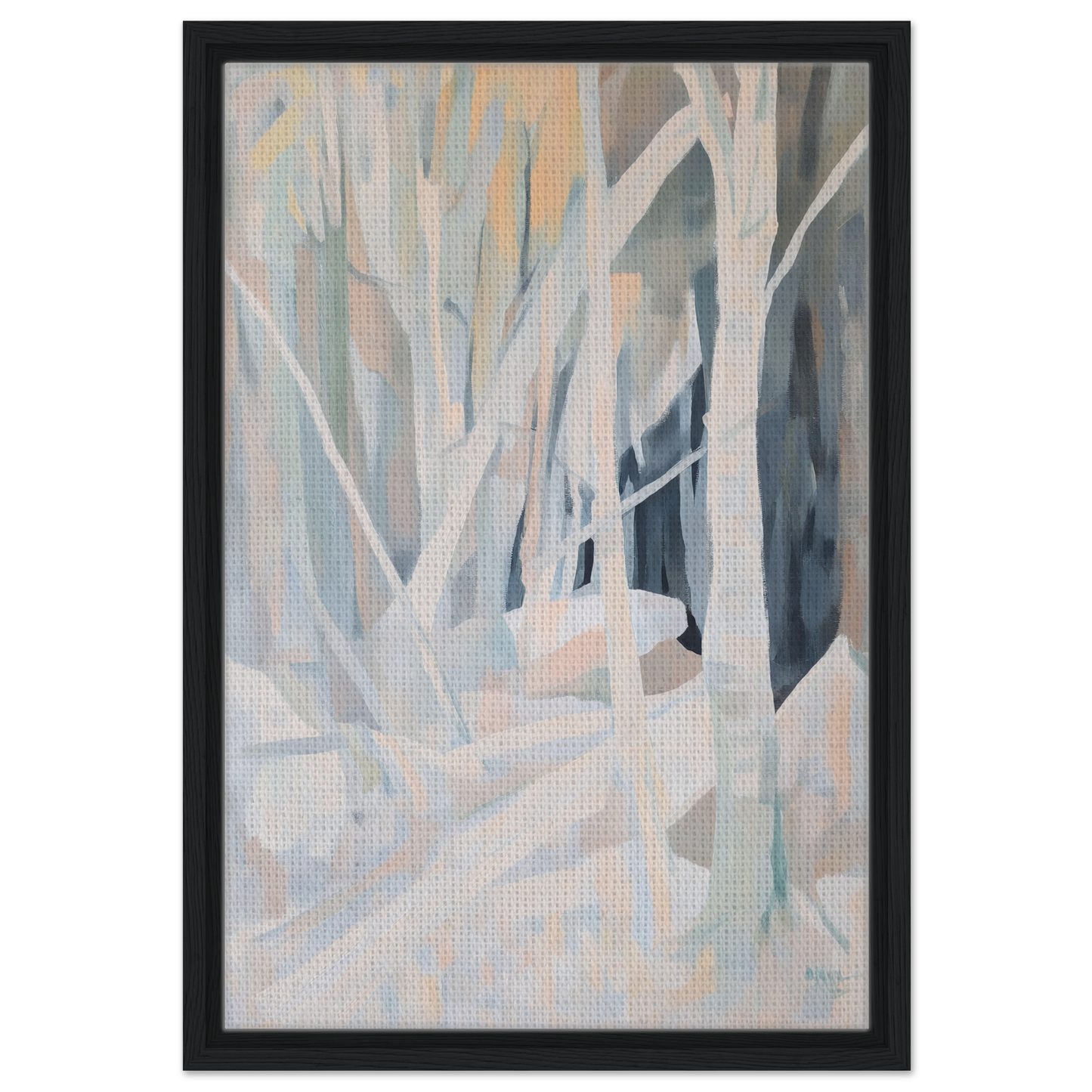 Abstract painting of stylized trees in muted pastels for Snow’s Silent Sonata room decor
