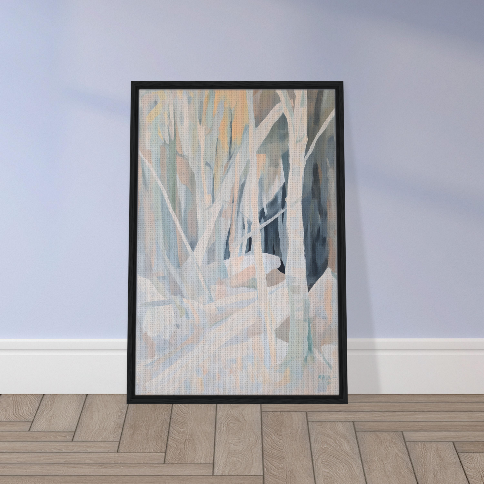 Framed abstract painting of tree branches in muted colors for Snow’s Silent Sonata room decor