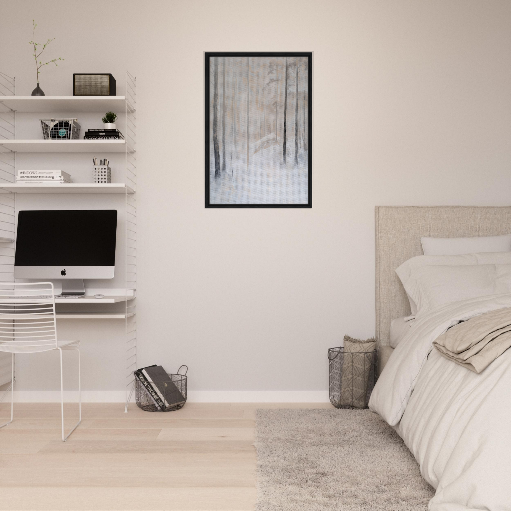 Minimalist bedroom featuring Snowy Sentinel Wisdom framed canvas print on floating shelves