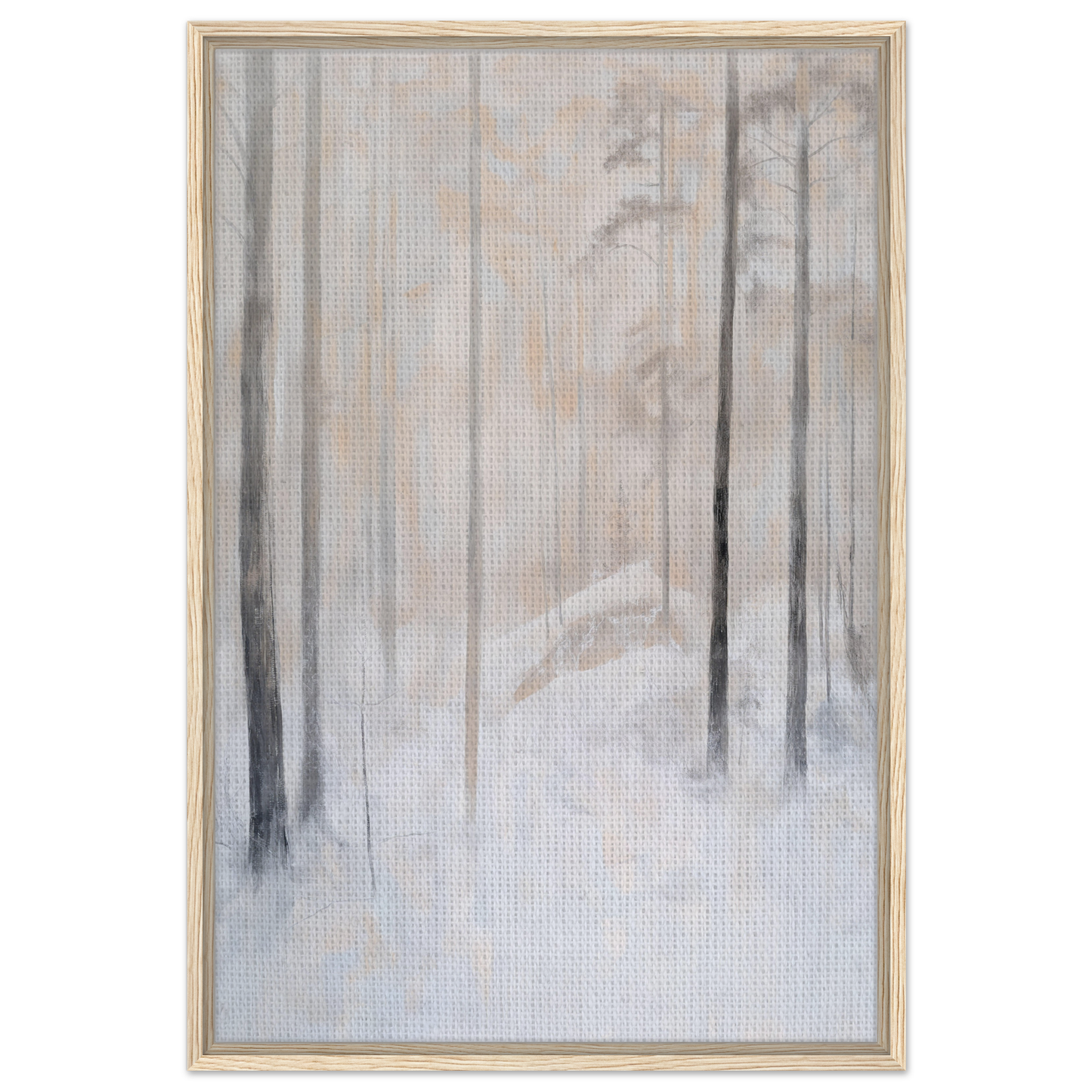 Abstract painting of a misty winter forest featured on Snowy Sentinel Wisdom framed canvas print