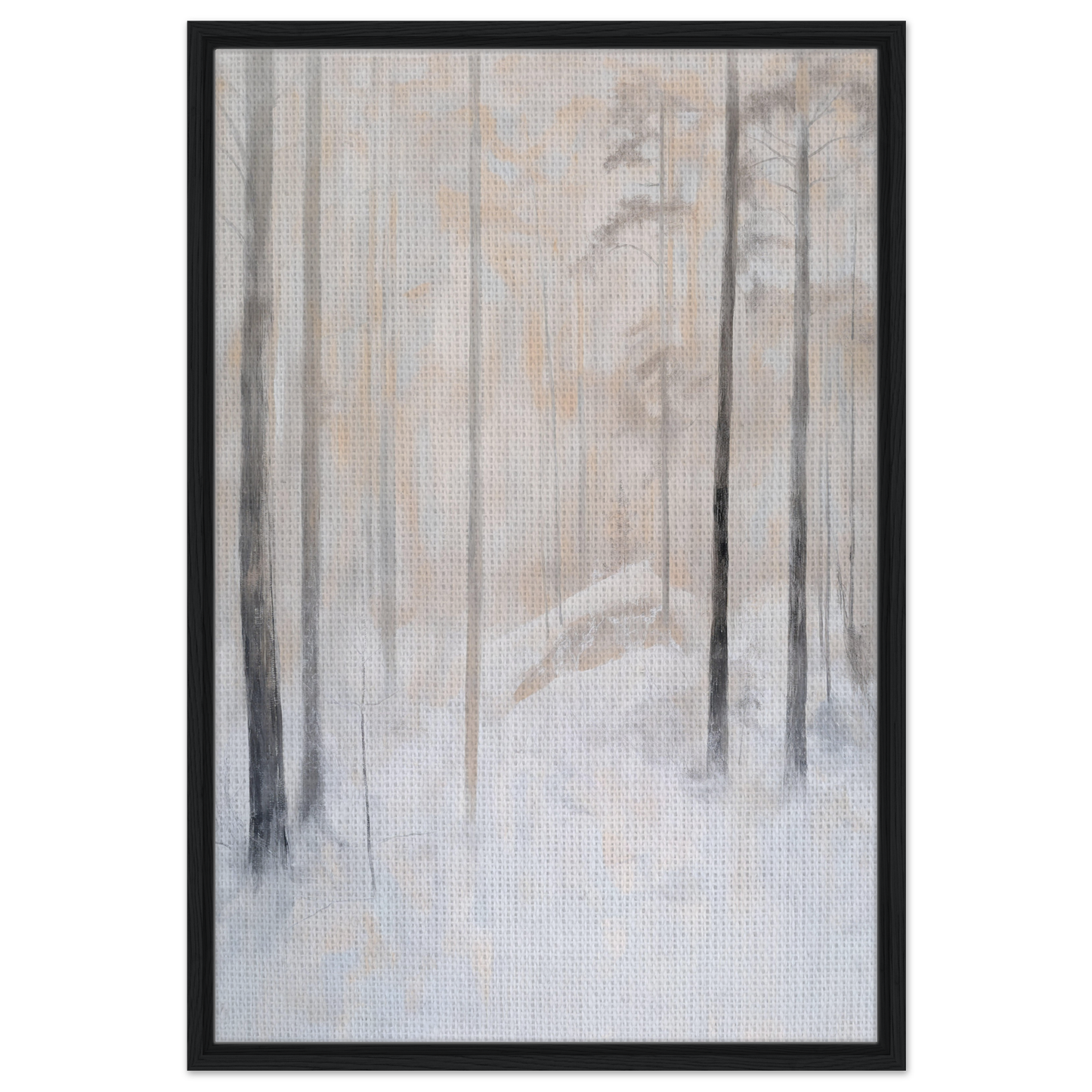 Abstract painting of a misty forest with pale trees, perfect for Snowy Sentinel Wisdom framed canvas print