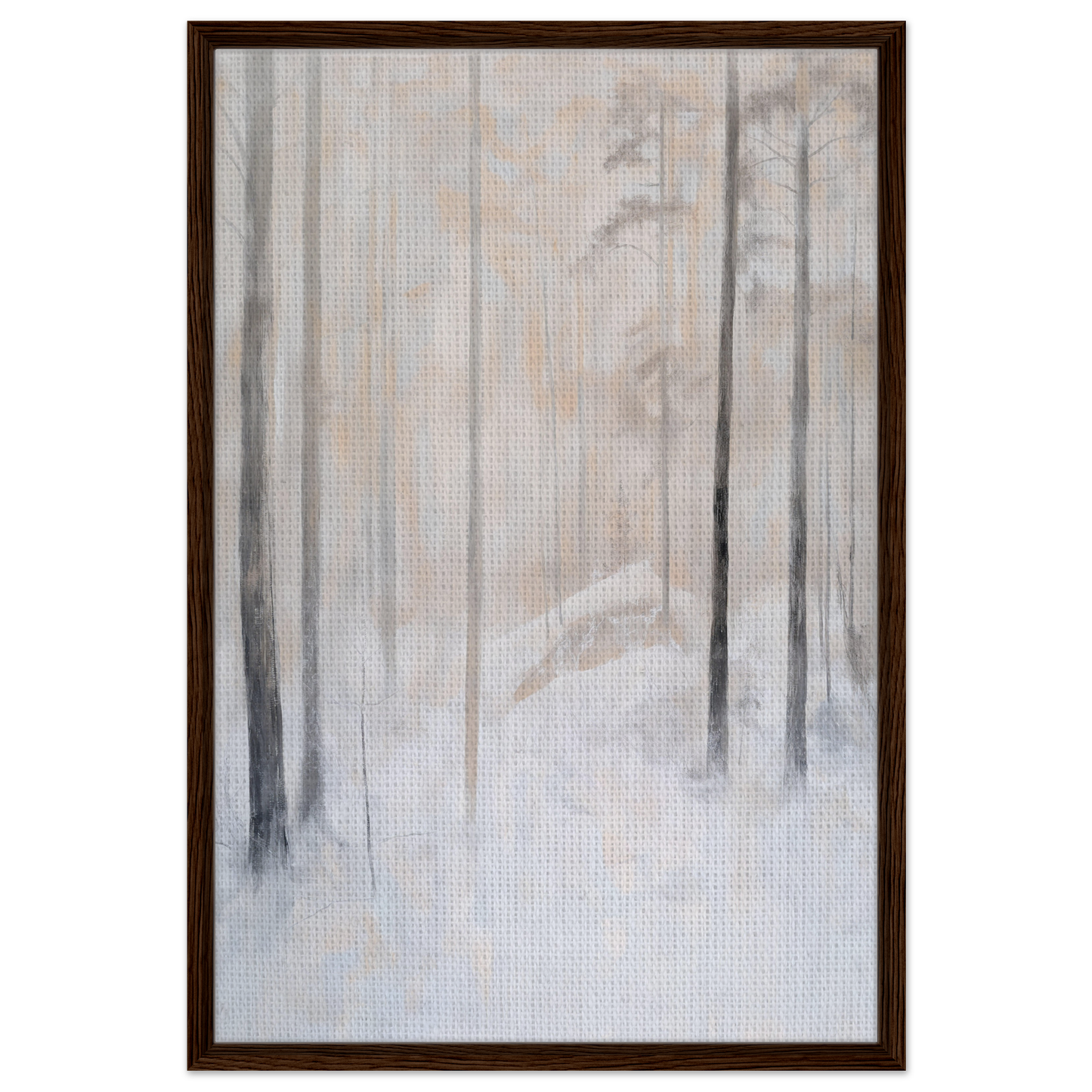 Framed canvas print of Snowy Sentinel Wisdom featuring a misty forest with vertical trees