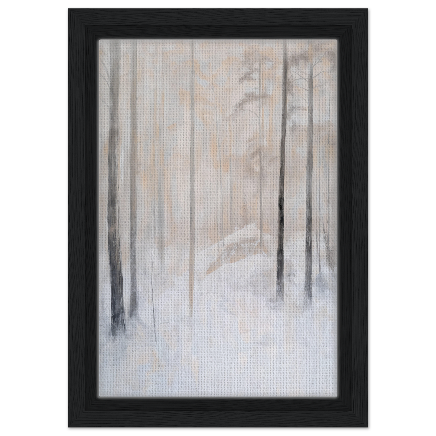 Framed painting of a misty winter forest scene for Snowy Sentinel Wisdom room decor