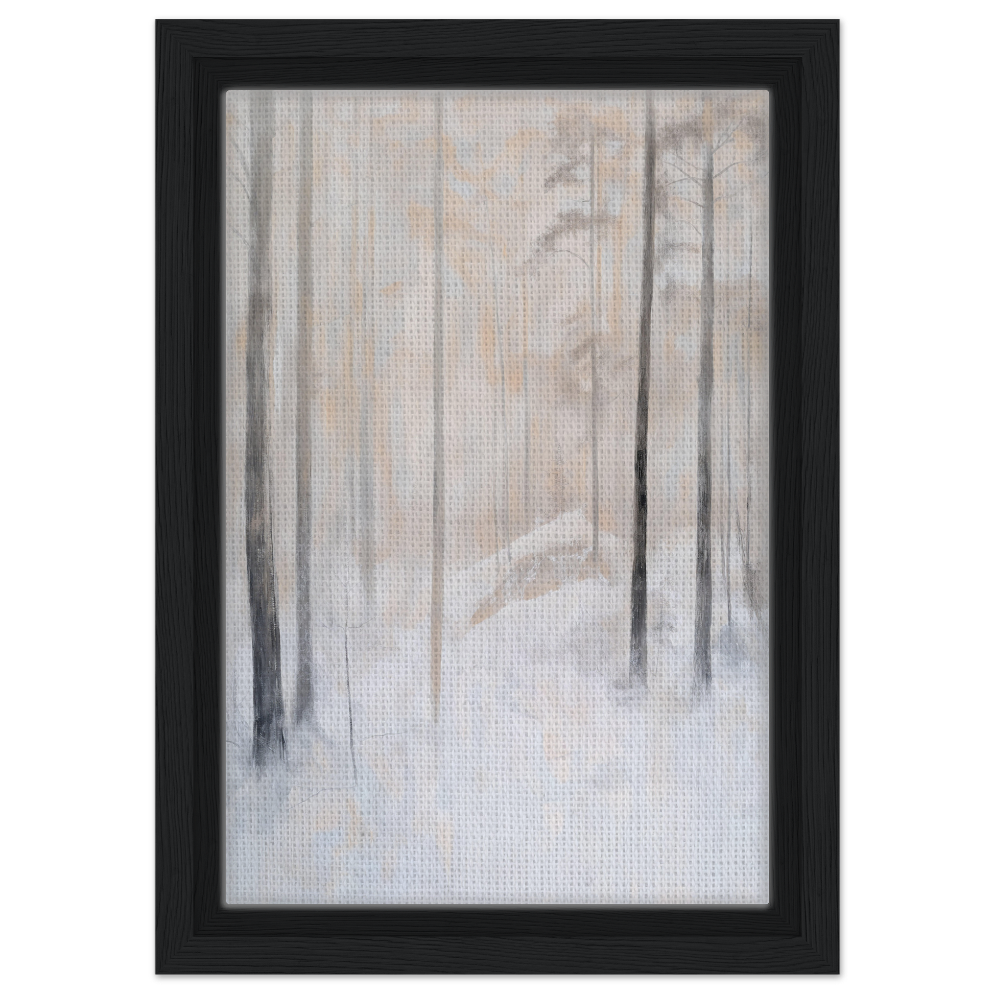 Framed painting of a misty winter forest scene for Snowy Sentinel Wisdom room decor