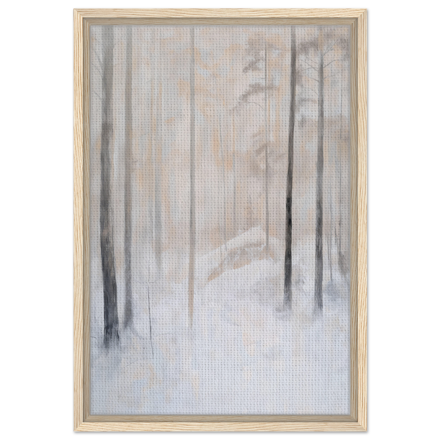 Misty winter forest painting showcasing Snowy Sentinel Wisdom on a framed canvas print