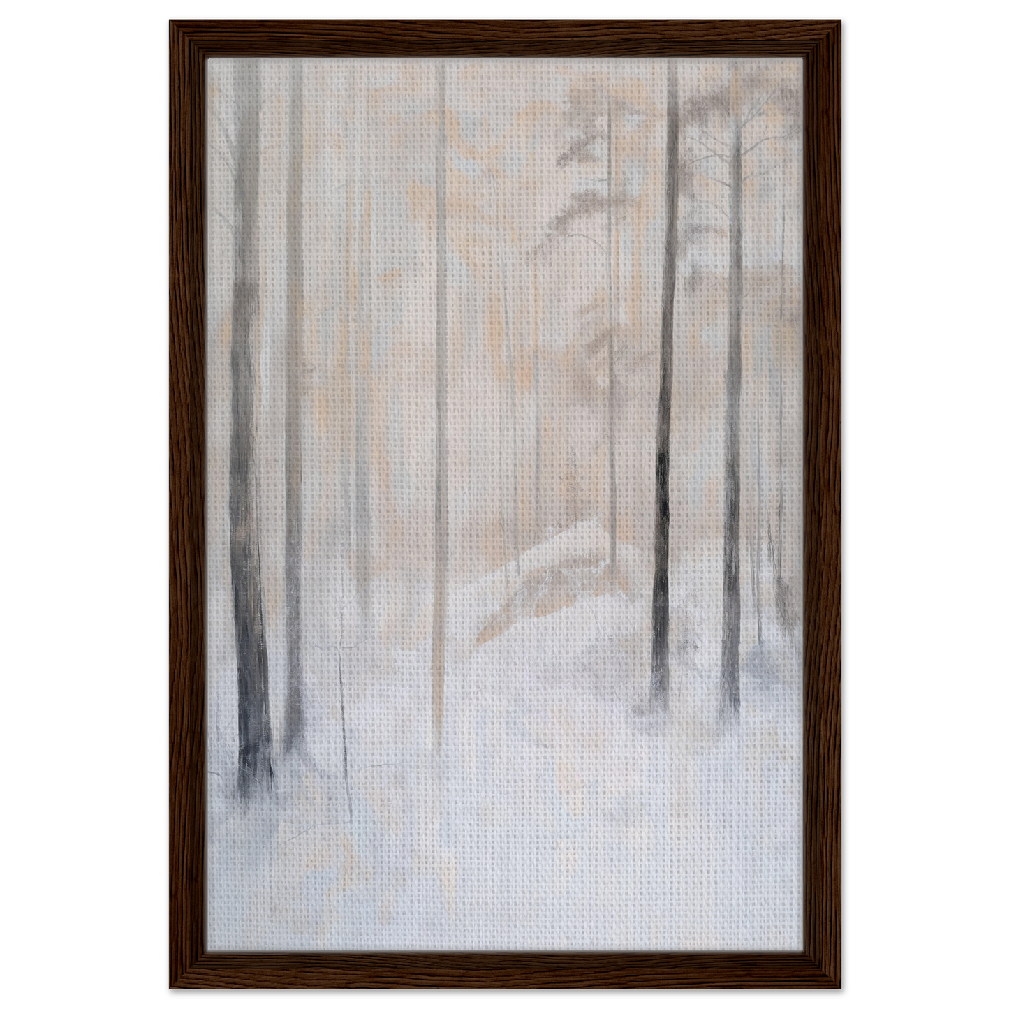 Framed painting of a misty winter forest scene for Snowy Sentinel Wisdom room decor