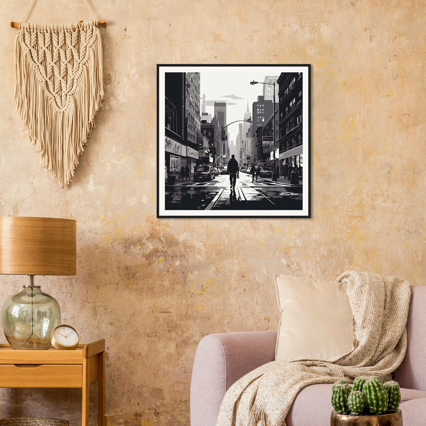 Black and white urban street photography print in a square frame, Solitude Charms Silhouettes