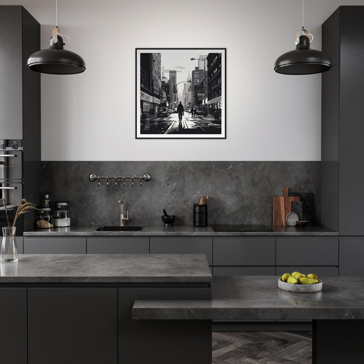 Modern dark gray kitchen featuring Solitude Charms Silhouettes framed posters