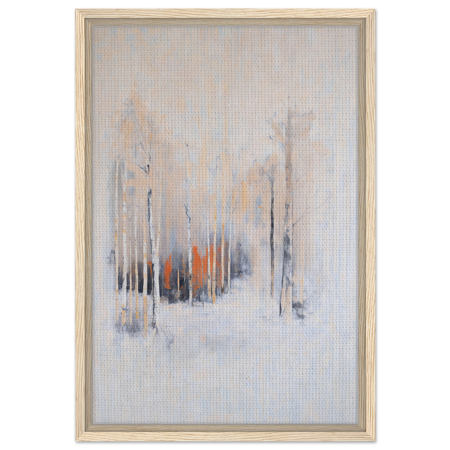 Abstract painting with muted vertical streaks in gray, orange, and blue for Solstice Whispering Undergrowth