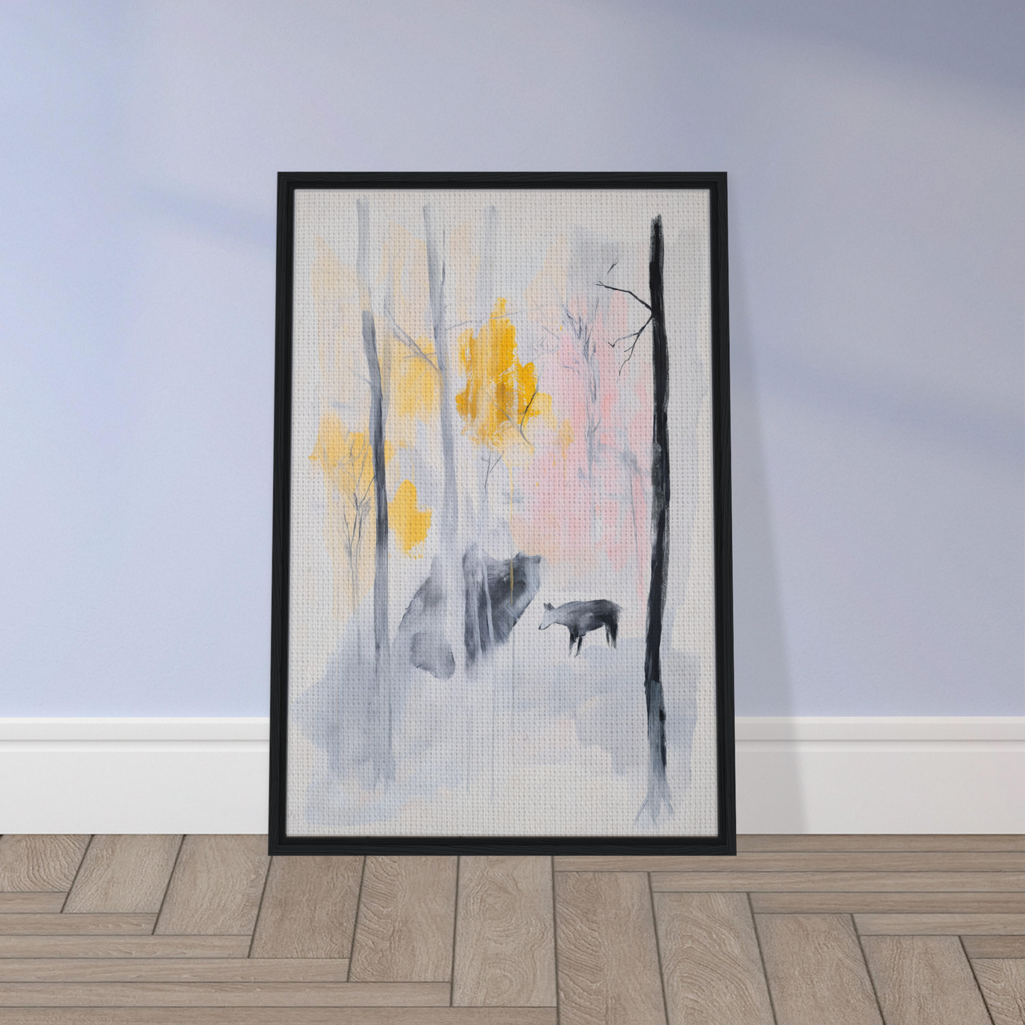 Framed abstract painting of a misty forest with a deer silhouette, Somber Forest Reverie