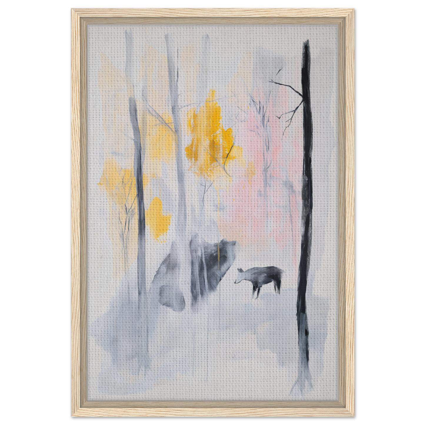 Abstract painting in muted gray with soft yellow flowers for Somber Forest Reverie framed canvas print