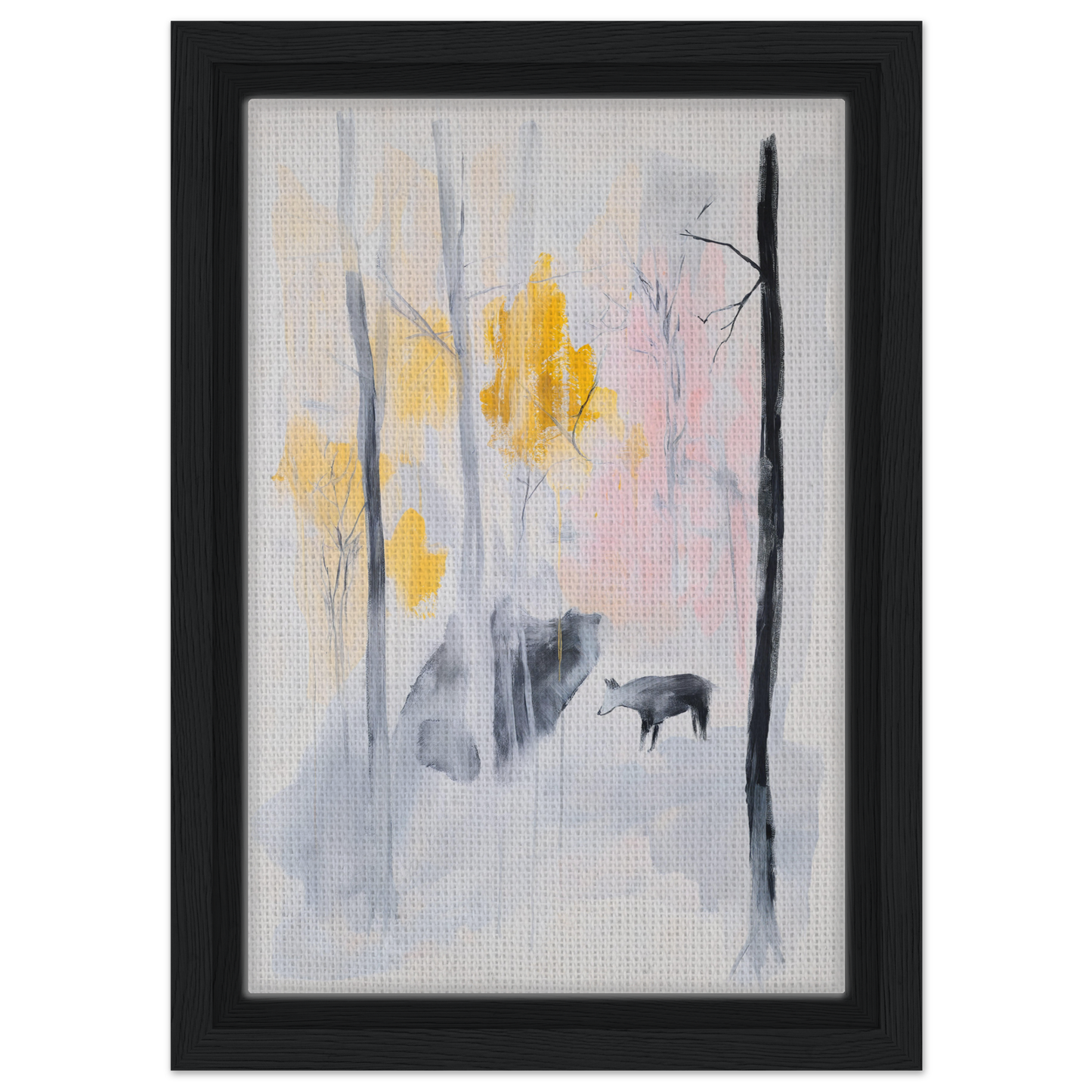 Abstract painting with muted colors and yellow accents in Somber Forest Reverie design